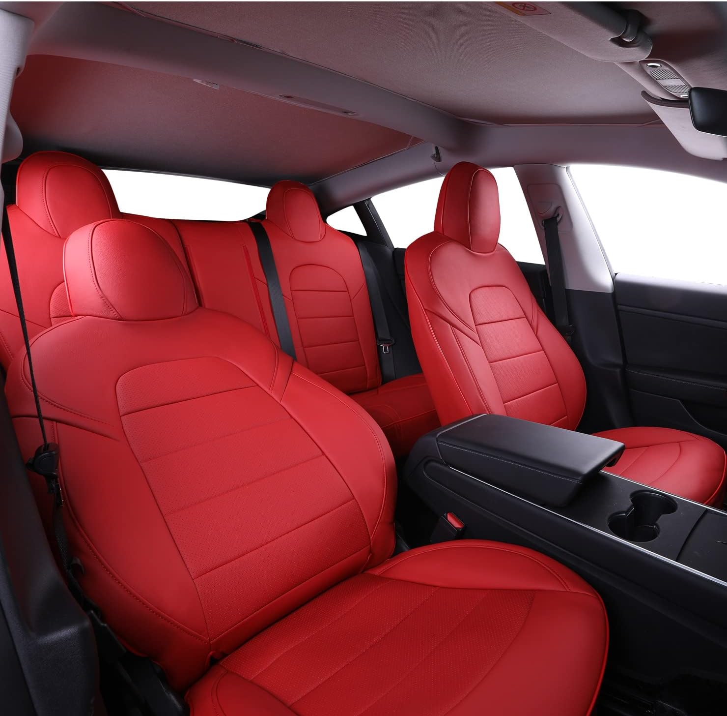 EKR Model 3 Leather Seat Covers for Tesla Model 3 2017-2023 Standard Range/Mid Range/Long Range/Performance/Base,Waterproof Leather SUV Seat Cover Full Set,Leatherette(Red)