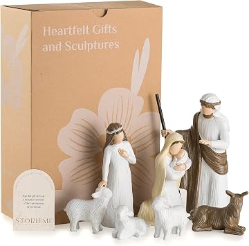 Storieme Nativity Scene Sets Figures Indoor: 7-Piece Resin Nativity Tabletop for Christmas - Family Holiday Decorations Collectibles Figurines Statue