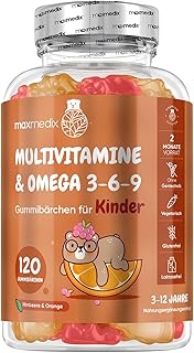 Multivitamin Gummibärchen für Kinder - Mit Omega 3 6 9, Vitamin C - 120 Multivitamin Kinder Gummies - Vitamin D3, B7, B12, E, B1, B2, B3, B5, B9 Jod, Zink - Mit Himbeer & Orangengeschmack - maxmedix