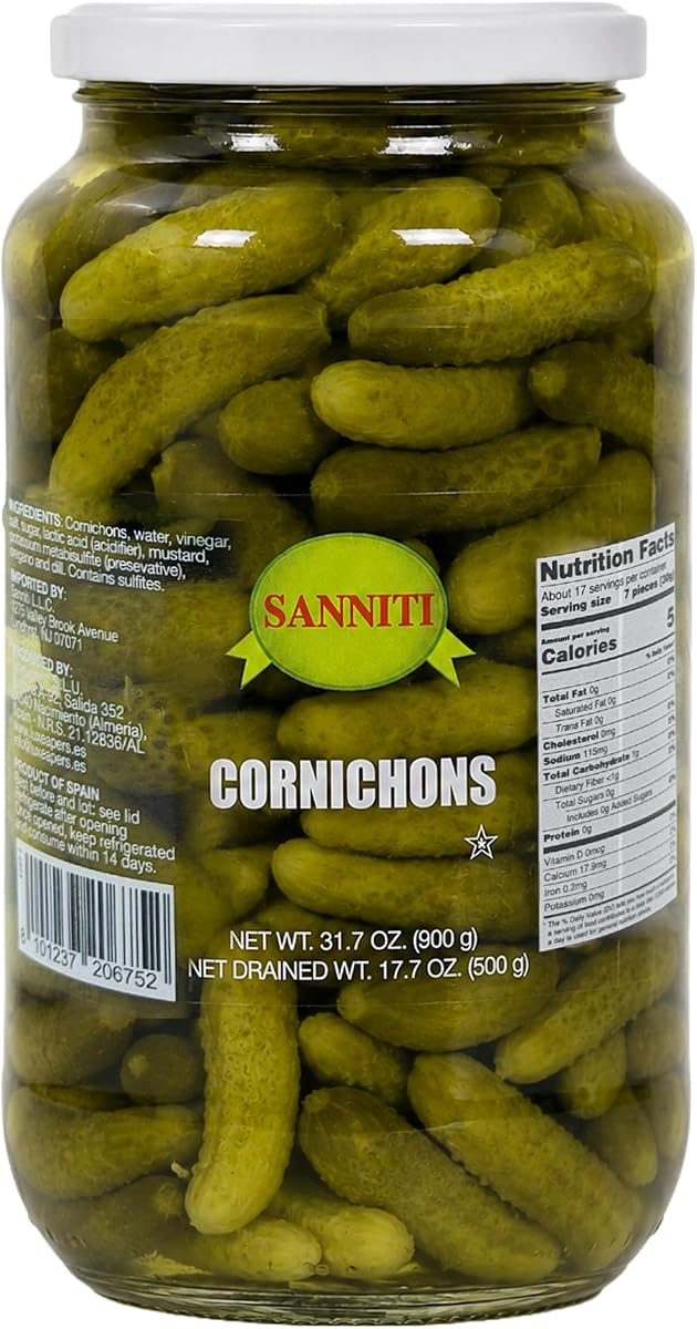 Sanniti Spanish Cornichons in Brine, 31.7 oz (900g), Drained Wt. 17.7 oz (500g) | Crisp Mini Gherkins | Imported from Spain | Gourmet Pickled Cornichons for Charcuterie, Sandwiches & Cocktails