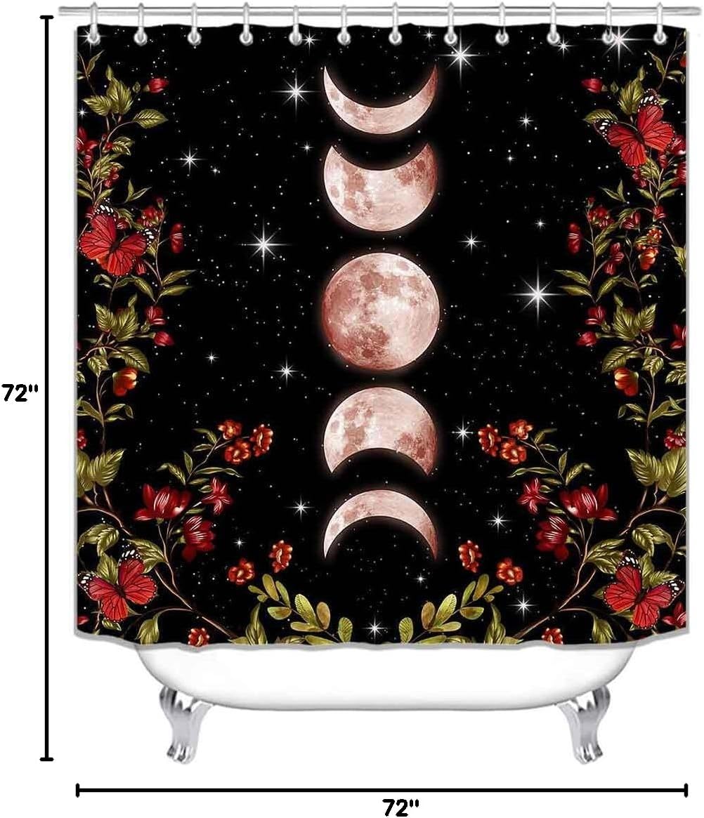 4PCS Moon Phase Shower Curtain Sets with Rugs, Waterproof Fabric Black Shower Curtain Galaxy Star Red Floral Wildflower Butterfly Green Plant Mystic Celestial Boho Gothic Witchy Bathroom Decor