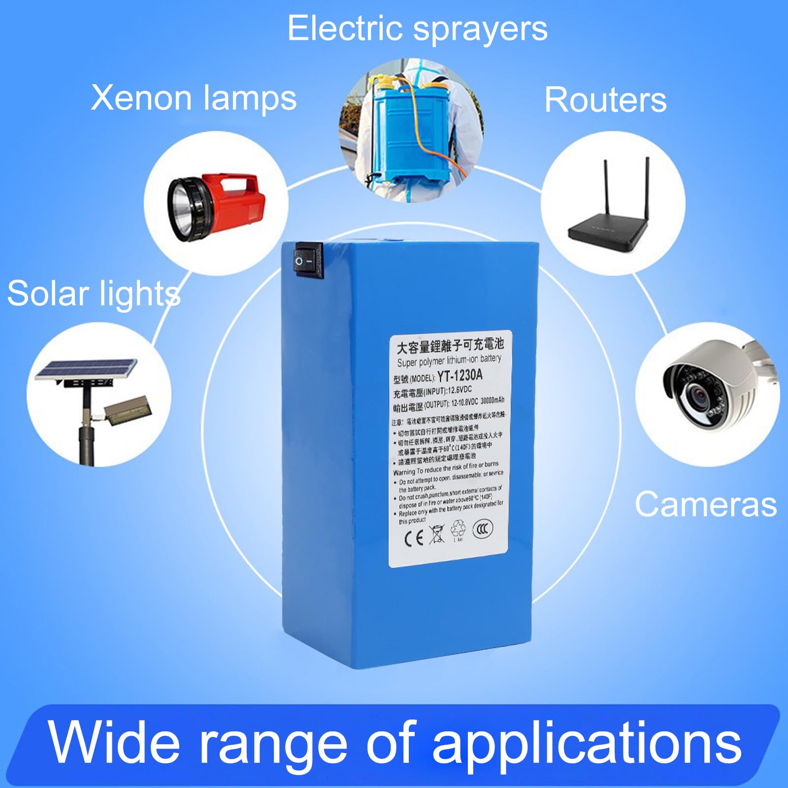 Batería Iones Litio Recargable 12V 30Ah batería de polímero de Litio portátil de 30 000 mAh para Equipos electrónicos de 12 V con Cargador,No Light 12v30000mah