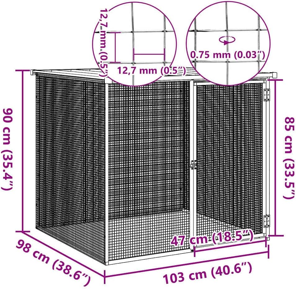 Diagram showing dimensions of the chicken cage: 40.6 inches length, 38.6 inches width, 35.4 inches height.