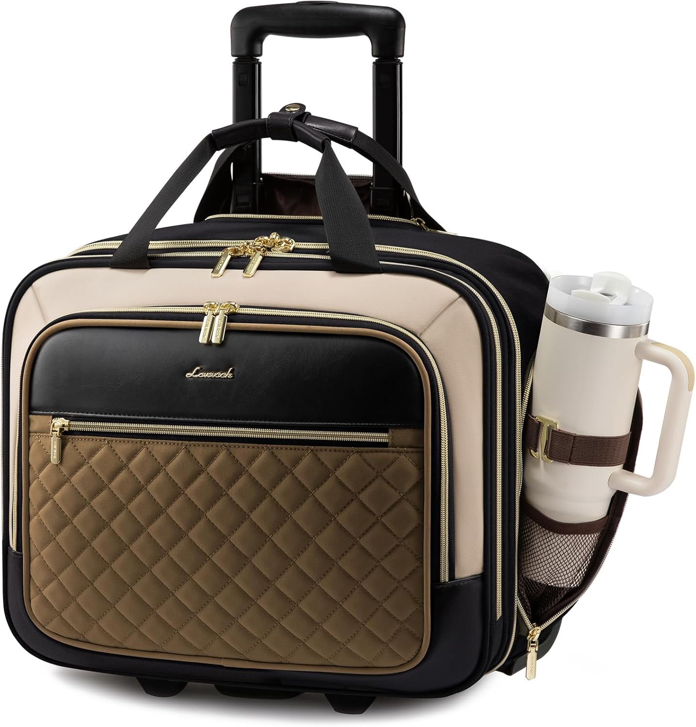 LOVEVOOK Rolling Laptop Bag Women, 17.3 Inch Laptop Briefcase with Wheels for Work Travel Business, Underseat Carry On Luggage Case,Khaki-Apricot