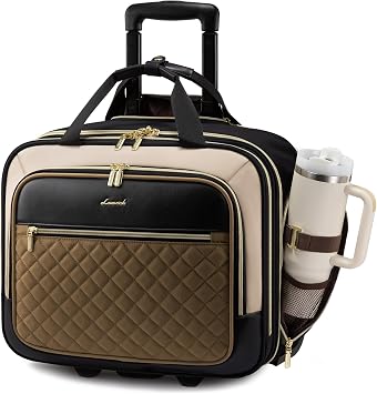 LOVEVOOK Rolling Laptop Bag for Women 17.3 Inch Laptop Briefcase with Rolling Soft Side Under Seat Carry-on Personal Item Suitcase for Work Travel Business, Khaki Apricot