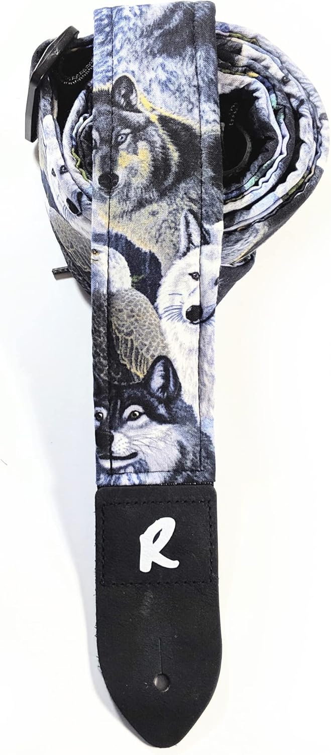 Wolf Guitar Strap - Wolves, Genuine Leather Ends, Includes 2 Strap Locks & 1 Pick. Adjustable Strap, Pick Pocket, For Bass, Electric & Acoustic Guitars Gift for Guitar Players Men, Women