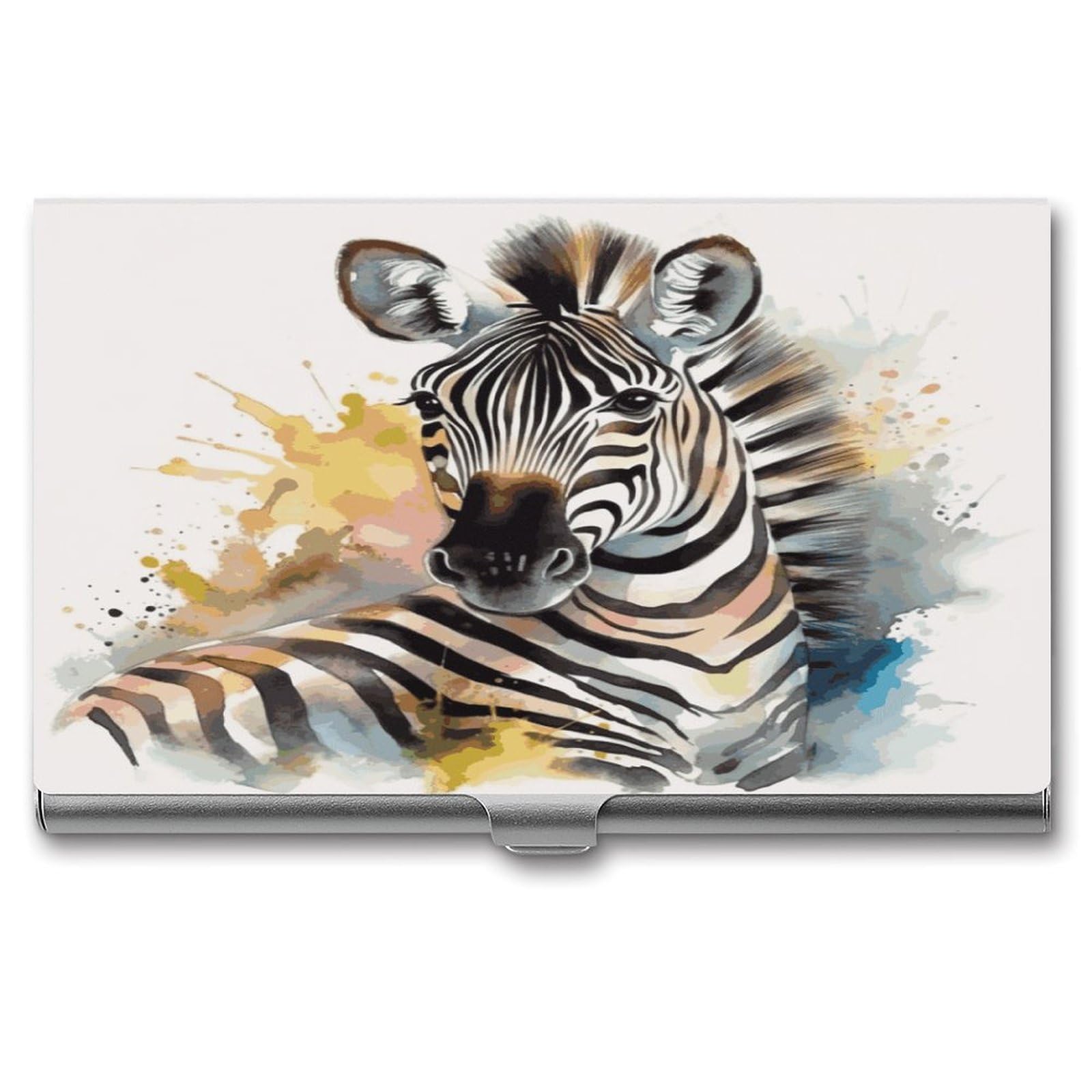 FekiLoot Cute Zebra Watercolor Business Card Holder for Men & Women Professional Stainless Steel Business Card Case Large Capacity Slim Purse Name Cards Holders Buckle Style Shut