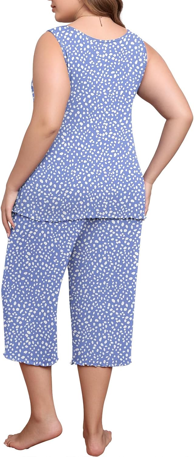 Lastshe Women's Plus Size Pajama Set 2 Piece Sleepwear Soft Cozy Sleeveless Knit Tank Top Capri Pants Lounge PJs with Pockets - Image 4