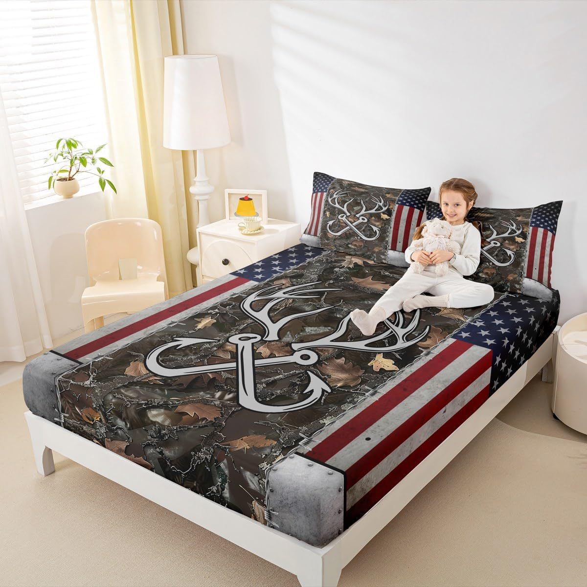 Homewish Deer Antler Fishing Fitted Sheet Queen Size,Boys Vintage American Flag Bedding Set for Kids Teens Men Room Decor Brown Jungle Branches Camo Bed Sheet Adventure Hunting Deep Pocket Sheet 3Pcs
