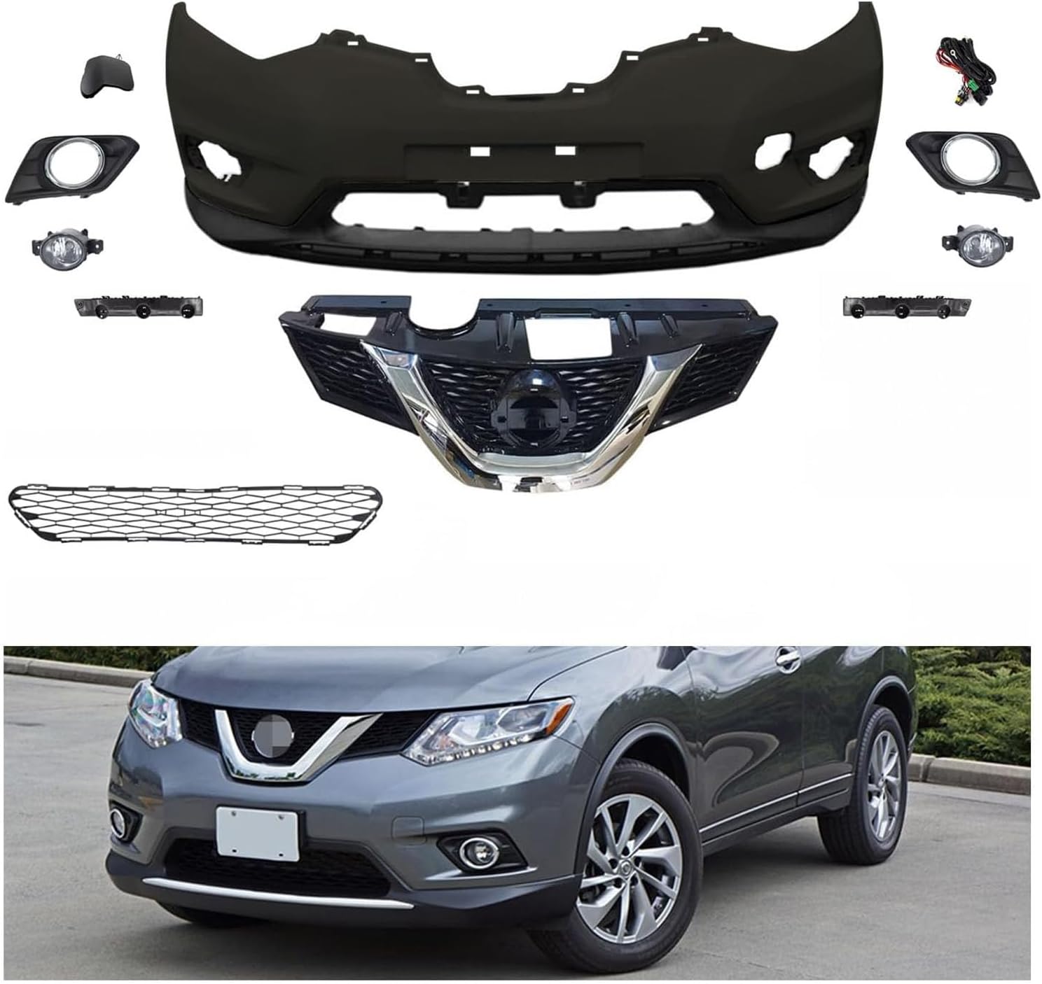 Rogue Complete Front Bumper Cover Grille Kit Fits 2014 2015 2016 Ni-ss-an Rogue SL,S,SV,Advance,Exclusive,Sense Sport tility 4-Door 2.5L,W/Upper & Lower Grille and fog lights