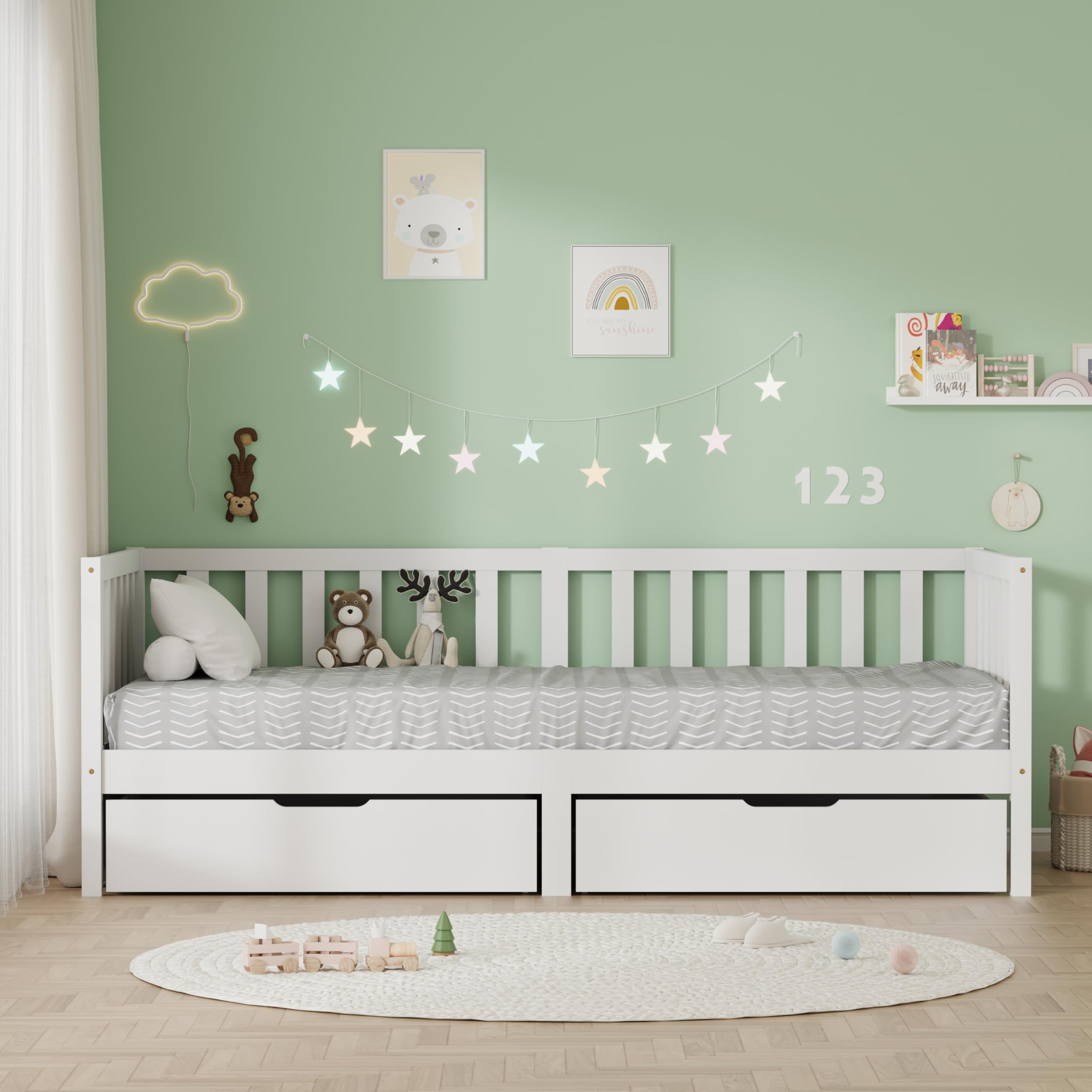 Kingwudo® White Pine Wood Kids Bed Frame with 2 Drawers Storage Single Bed Frame Children Bed for Bedroom Furniture, Boys and Girls Mattress (WITHOUT) 90x190cm
