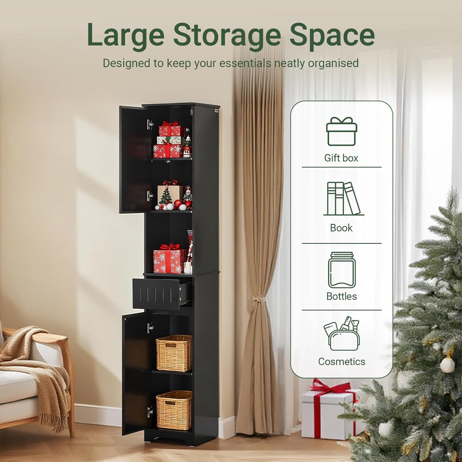 SoBuy Bathroom Tall Narrow Cabinet, Slim Freestanding Storing Unit with Shelves Narrow Floor Standing Cupboard, Black BZR109-SCH