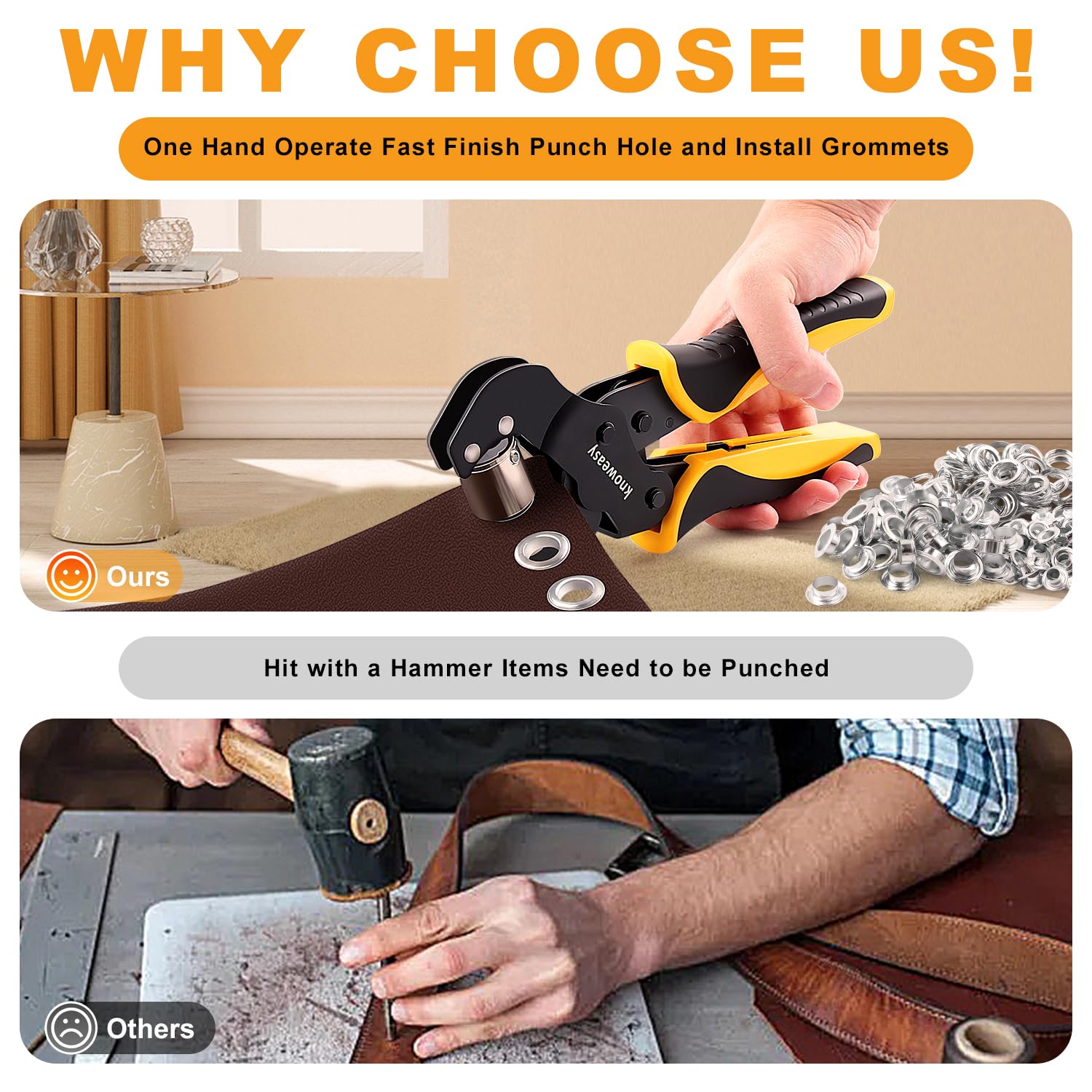 Knoweasy Grommet Tool Set: 3/8 Inch Handheld Grommet Plier with Interchangeable 1/4 Inch Die, 10mm and 6mm Punch Eyelet Tool for Fabric, Tarps, and Leather