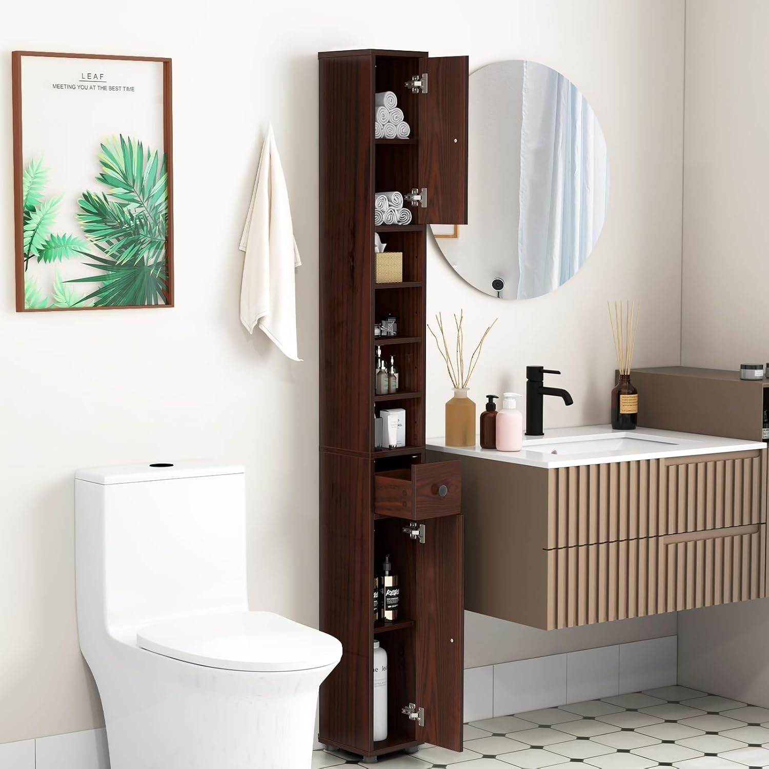 Tangkula Tall Slim Bathroom Storage Cabinet, 71" Freestanding Bathroom Cabinet w/ 2 Doors, 1 Drawer & 5 Adjustable Shelves, Floor Narrow Tower Cabinet for Small Spaces, 8" x 8" x 71" (Brown)