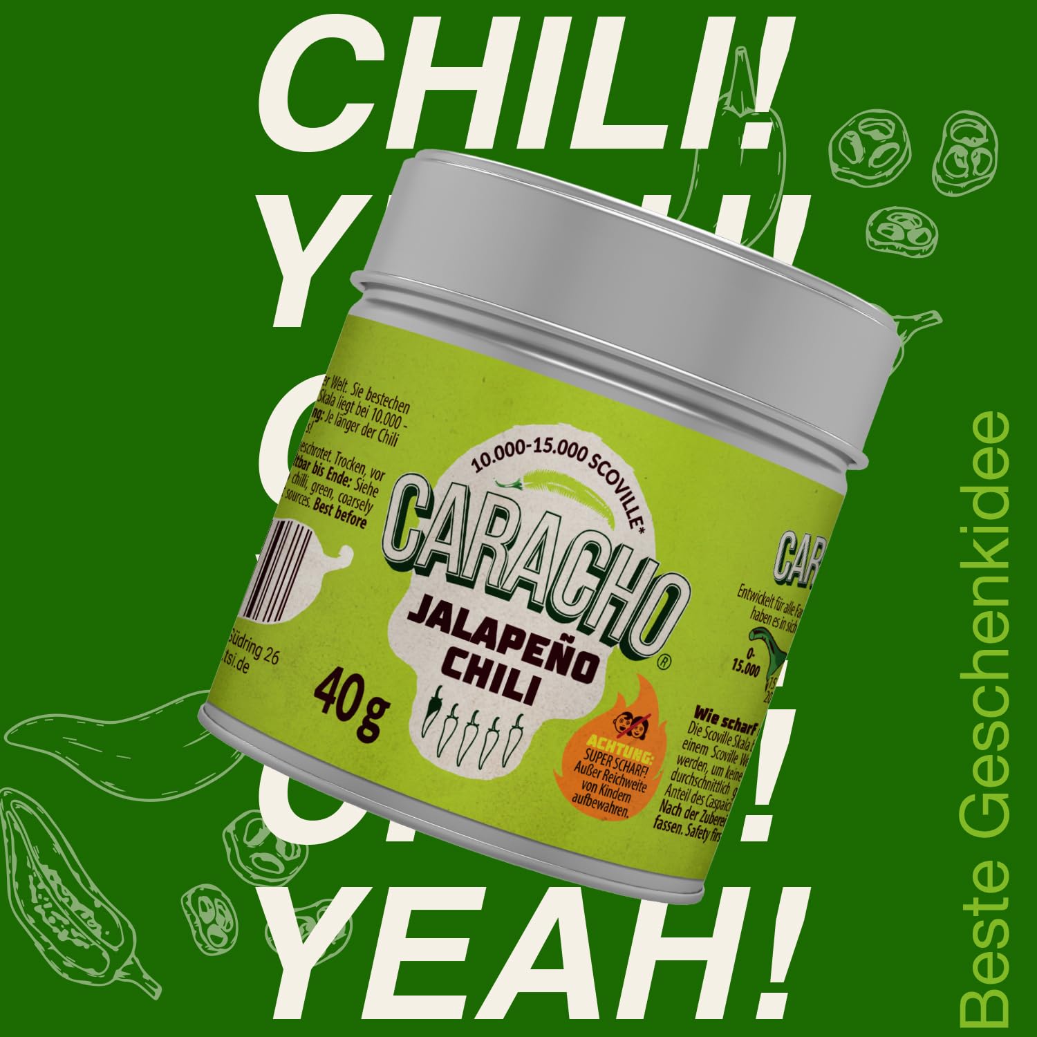 CARACHO 40 g Chile verde jalapeño chatarrado/molido - Premium 100% picante chile en lata de especias de metal/Scoville: 15.000