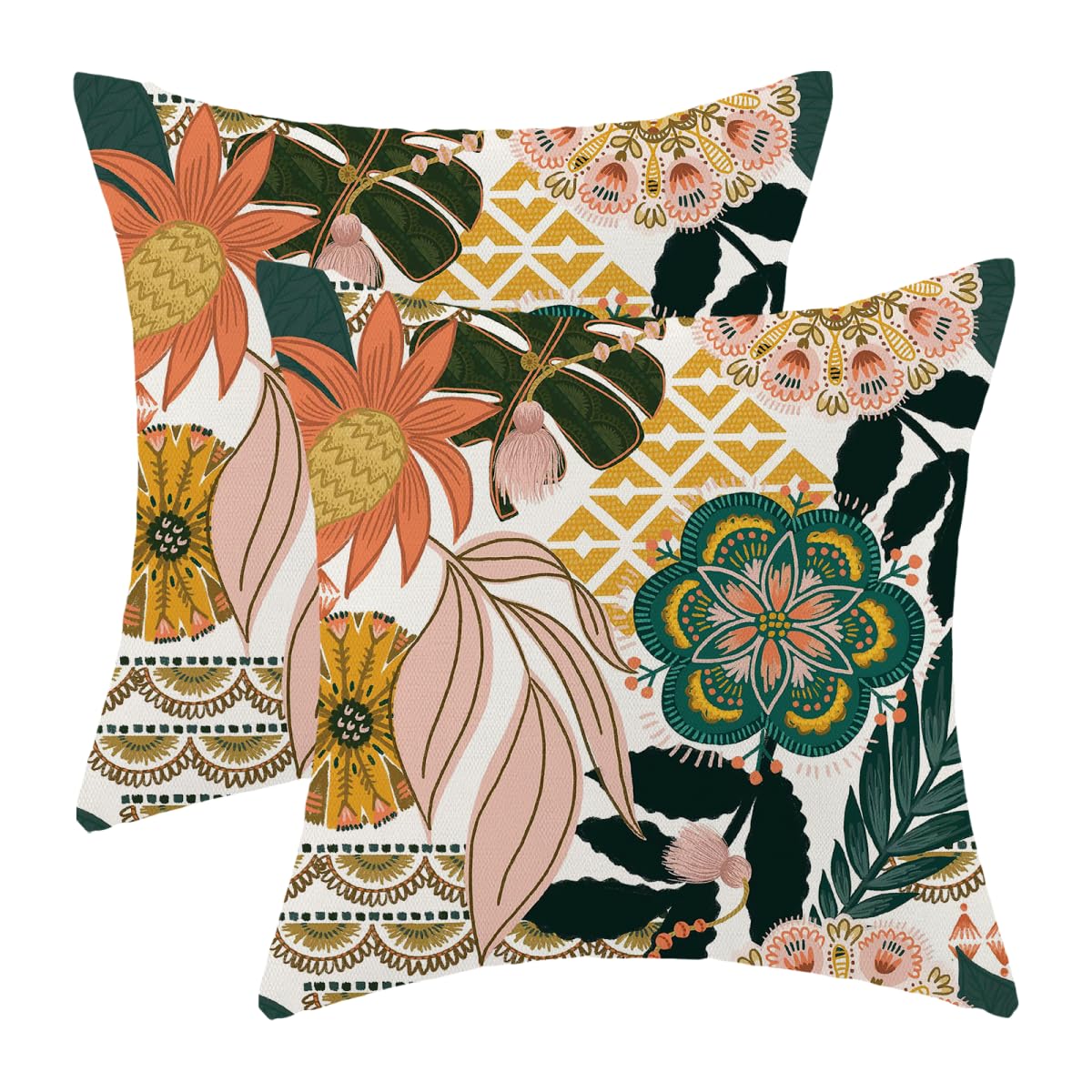 Sorktse Boho Floral Pillow Covers 18x18 Inch Vintage Tropical Leaves Flower Throw Pillow Covers Set of 2 Summer