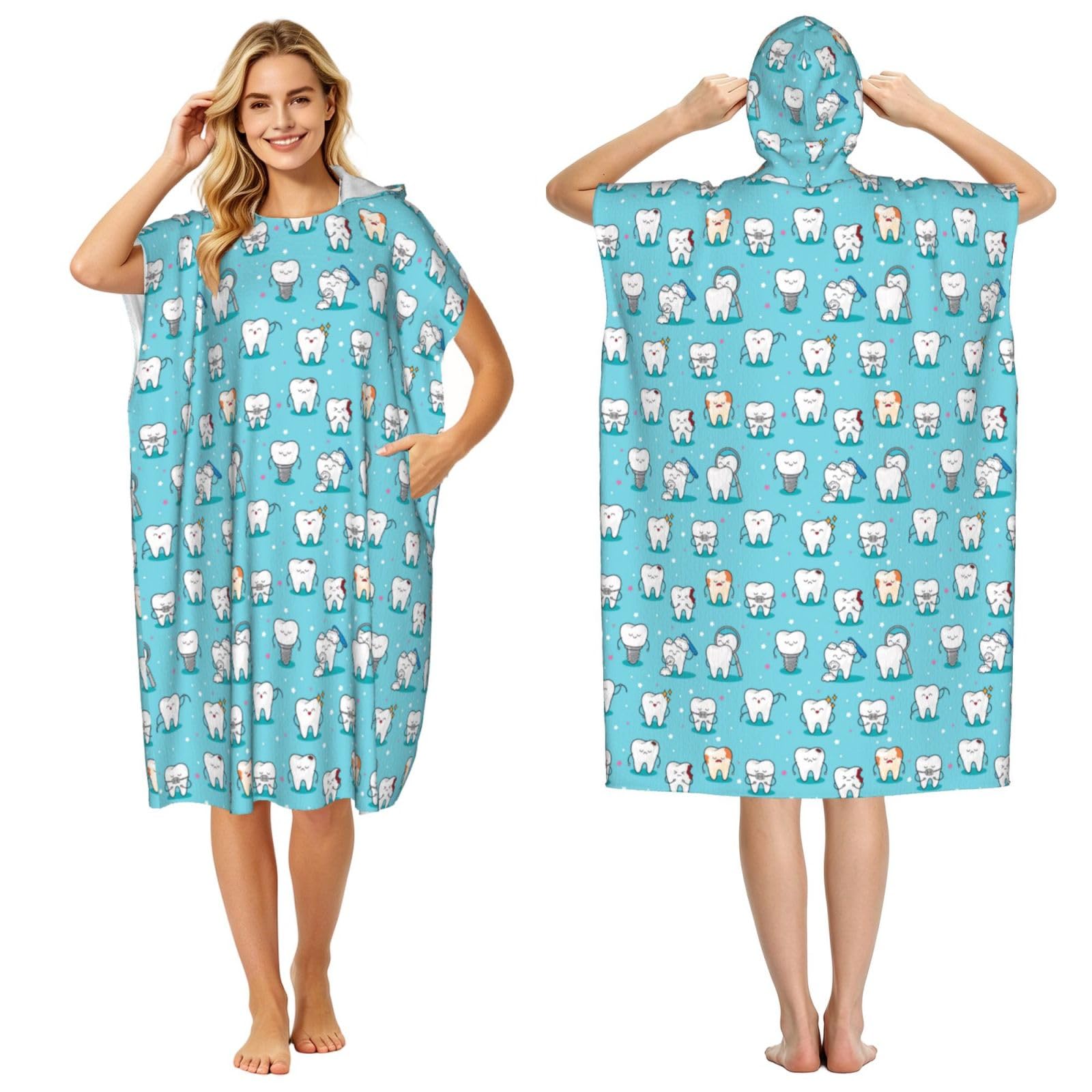Poadnly Dental Teeth Blue, Adult Hooded Beach Towel 90 x 110 cm,Changing Bath Robe, Surf Poncho Towel For Women Men