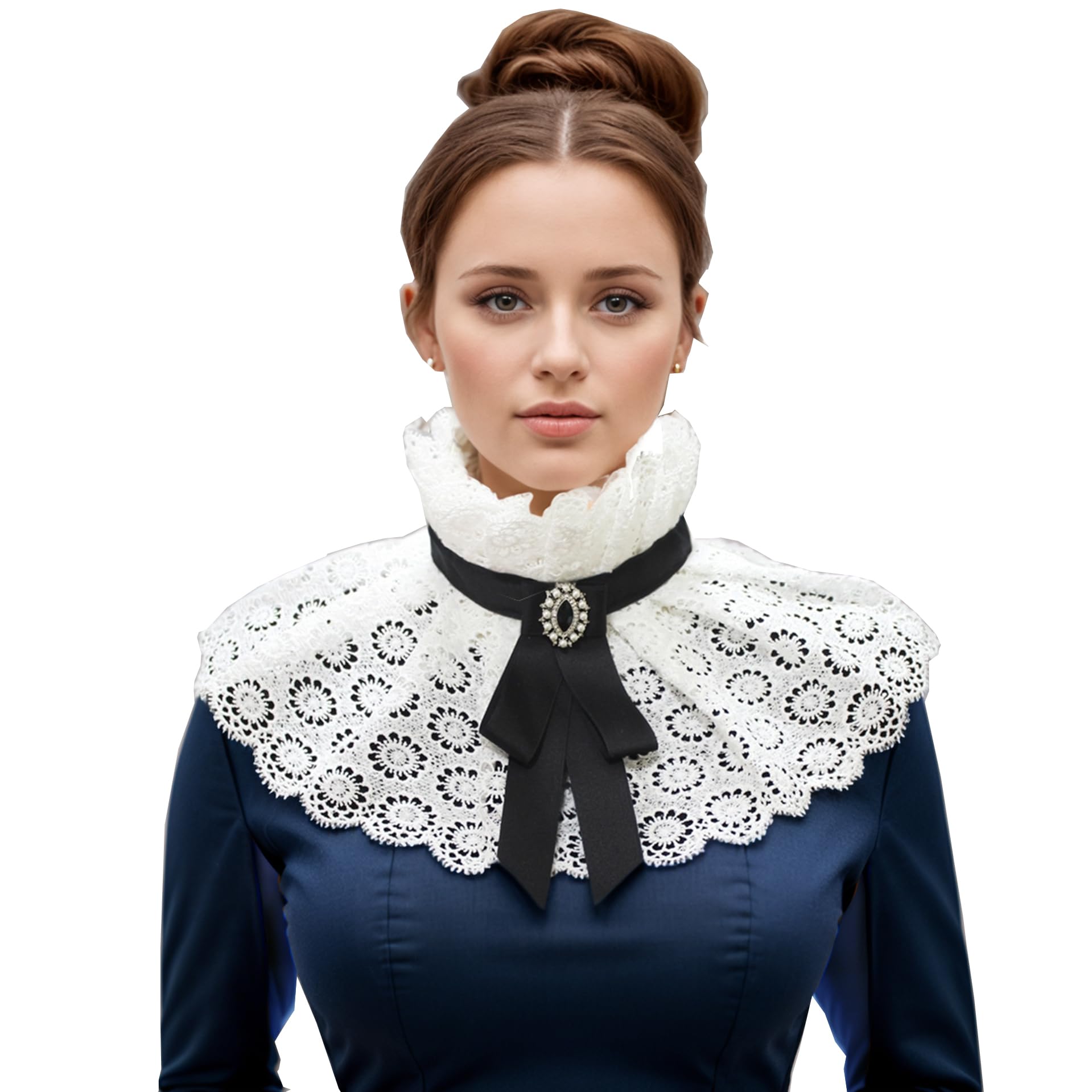 UniqKaliber Medieval Retro Bowknot Neck Collar Victorian Renaissance Handmade Lace Ruffled Neck Collar Costume Cosplay Props White
