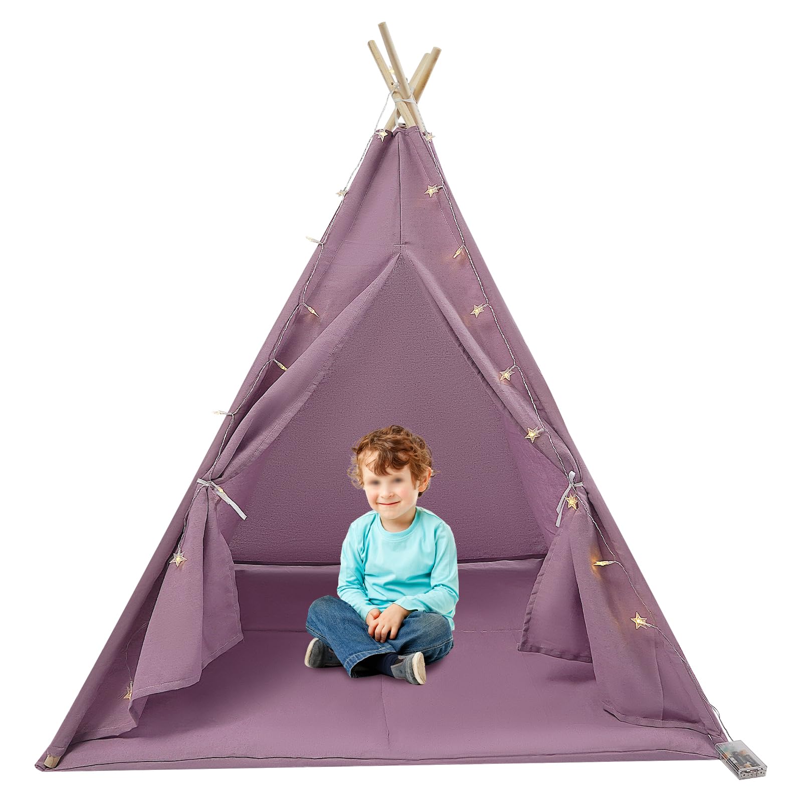 Tipi namiot dziecięcy Tipi namiot do zabawy dla chłopca Tipi Pokój dziecięcy Nowoczesna fioletowa bawełna len, z matą podłogową Girlanda świetlna 3M 120 x 140 cm Namiot z oświetleniem dla 1-3 dzieci