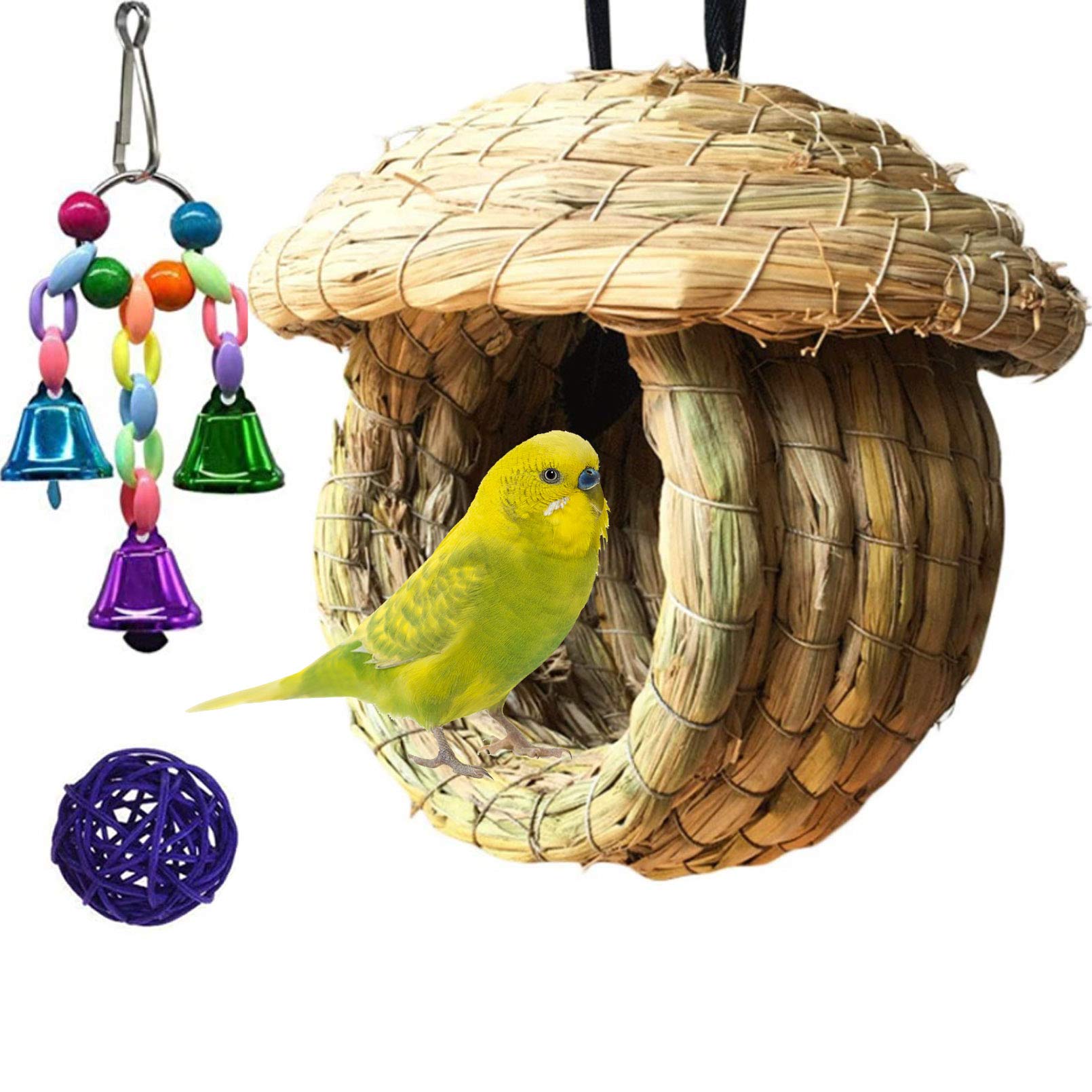 Hamiledyi Birds Nest Straw Birdhouse Natural Fiber Bird Nest Hut Cozy Resting Breeding Place with Birds Toy for Medium-Sized Parrots Conures Cockatiel