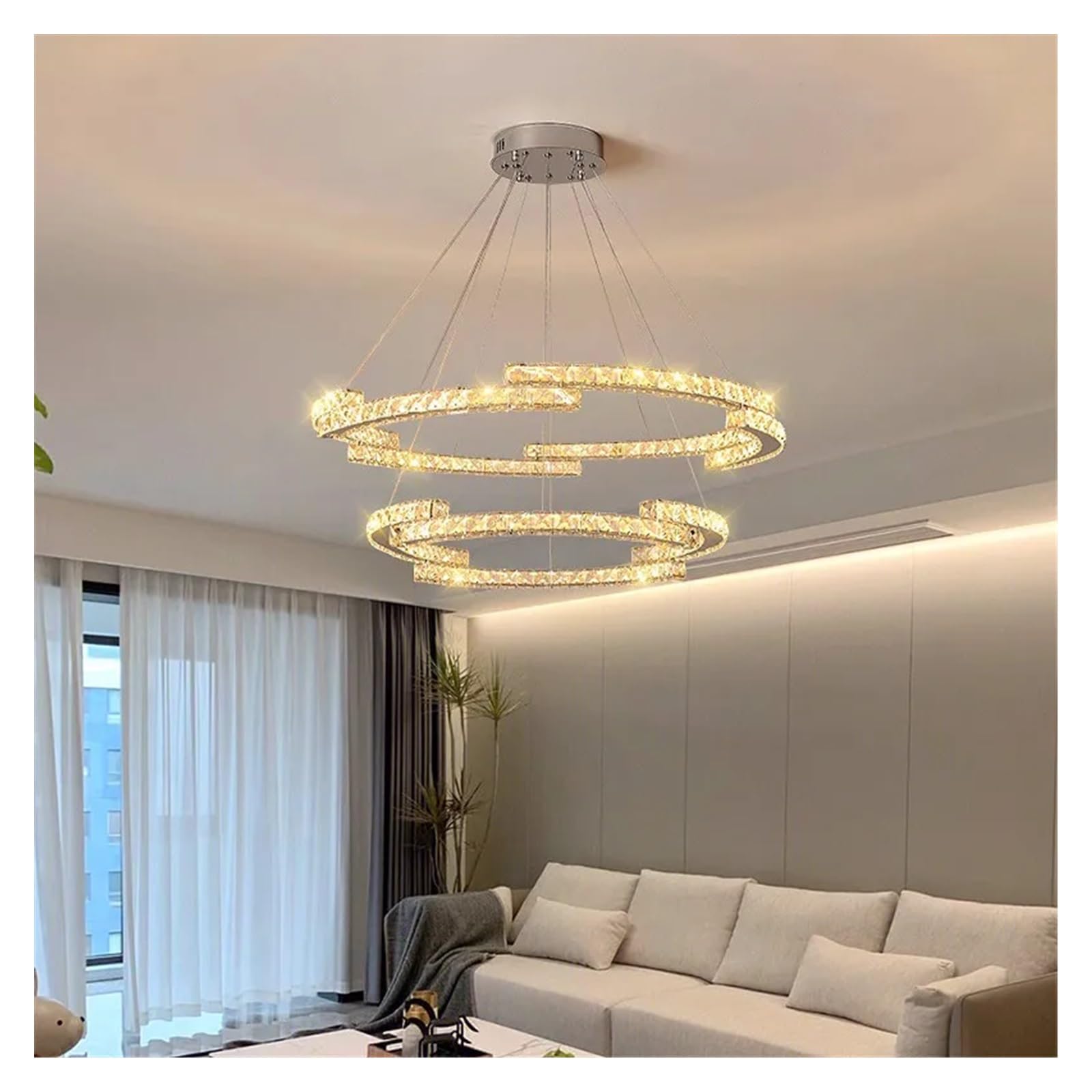 Nowoczesne lampy wiszące z jasnymi kryształami i diodami LED, luksusowy żyrandol do wejścia, oświetlenie domu, felgi stalowe, oprawy oświetleniowe (2 pierścienie D100 80 cm, białe światło)