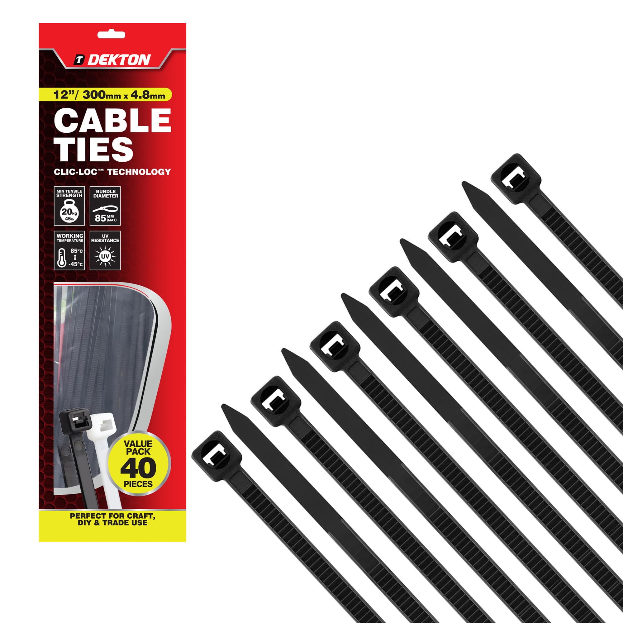 Dekton 40PC Cable Tie Set - 4.8MM X 300MM Black | Heavy Duty Industrial Strength | High Temperature Resistant | Self-Locking Teeth | Ideal for Cables, Piping, Gardening & Wires | Indoor & Outdoor Use