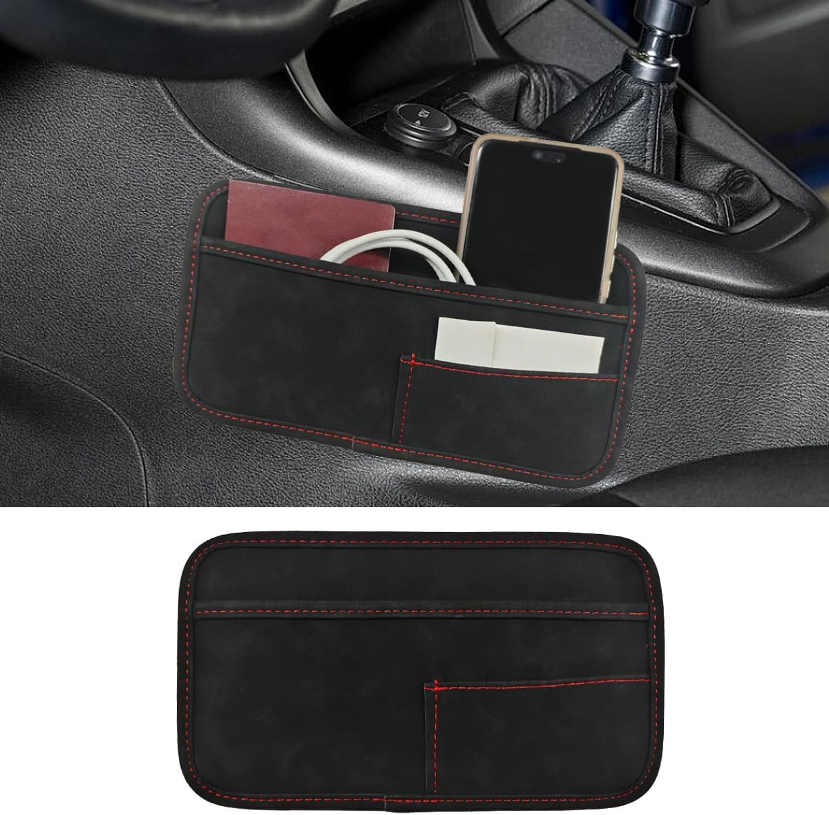 Car Seat Side Pocket Organizer, Suede Auto Door Storage Pouch, Mini Self-Adhesive Car Console Organizer, Universal Vehicle Cell Phone Holder for Key, Pen, Sunglasses(Black)