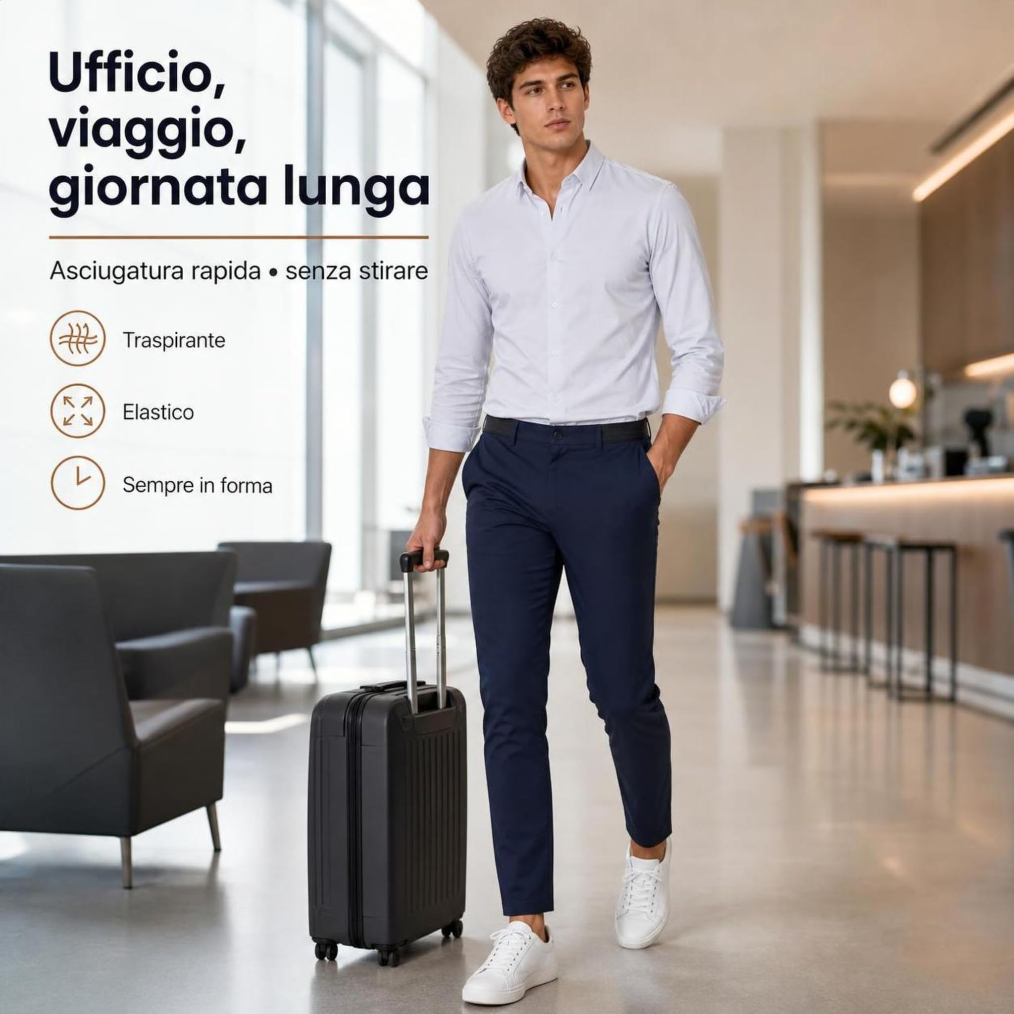 Bellutia Pantalone Elasticizzato MorphoFit Uomo Traspirante e Leggero, Tessuto Stretch con Finitura Pratica e Asciugatura Rapida per Ufficio, Pendolarismo, Viaggi e Giornate Lunghe