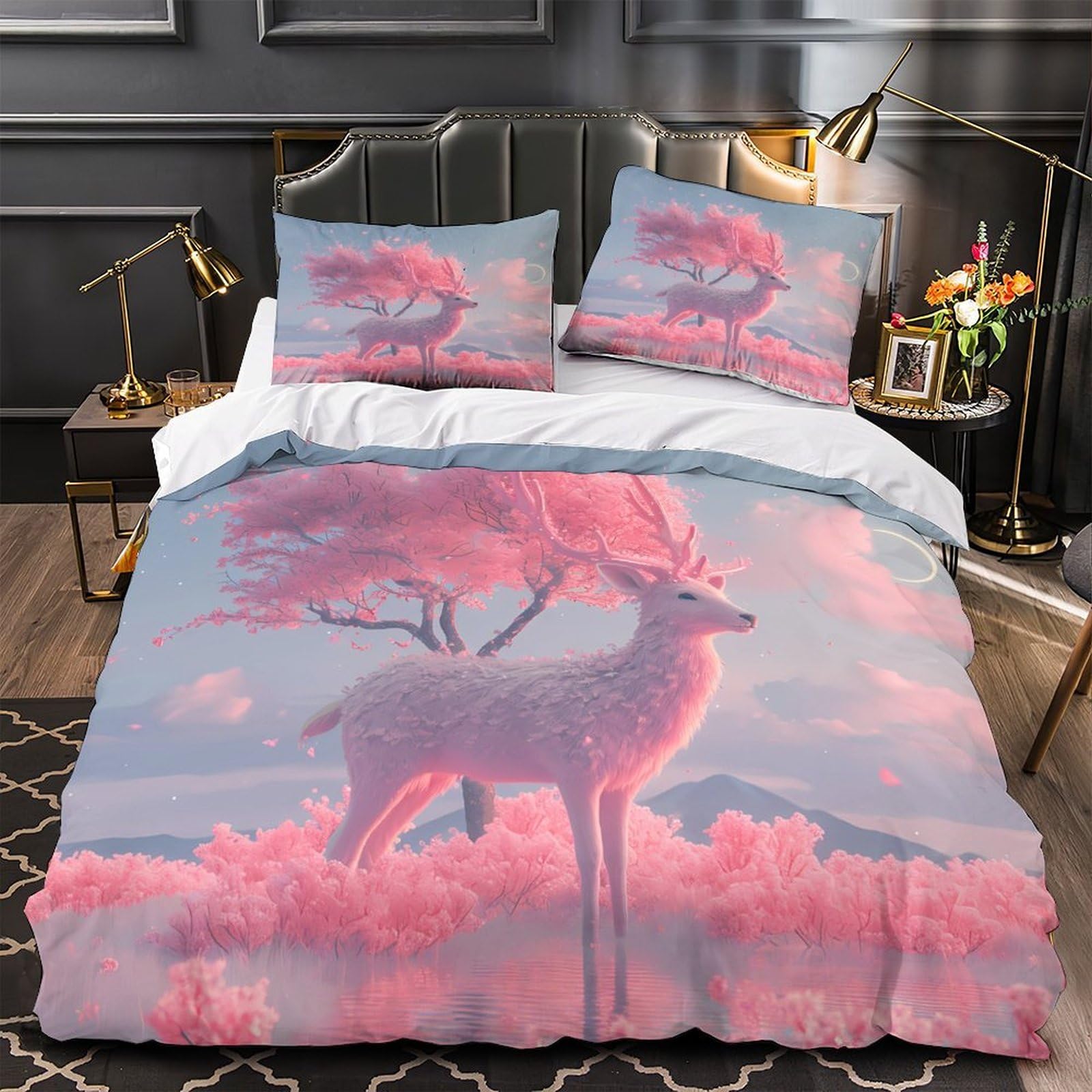 Housse de couette cerf rose anti-allergie microfibre douce lit simple