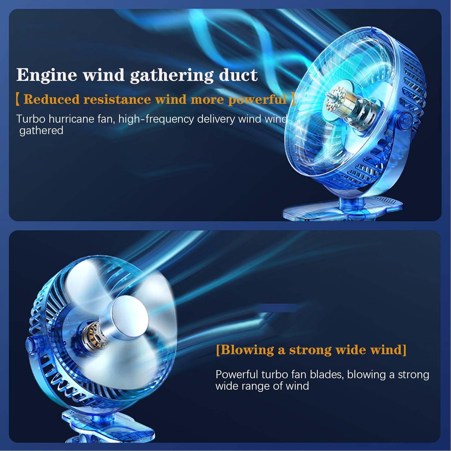 BNE USB Portable Fan, 360 ° Rotation Fan, Clip Vertical Hanging Three Fixed Ways, Silent / 5 Gear, Suitable for Office, Home, Travel, White/Black (Blue)