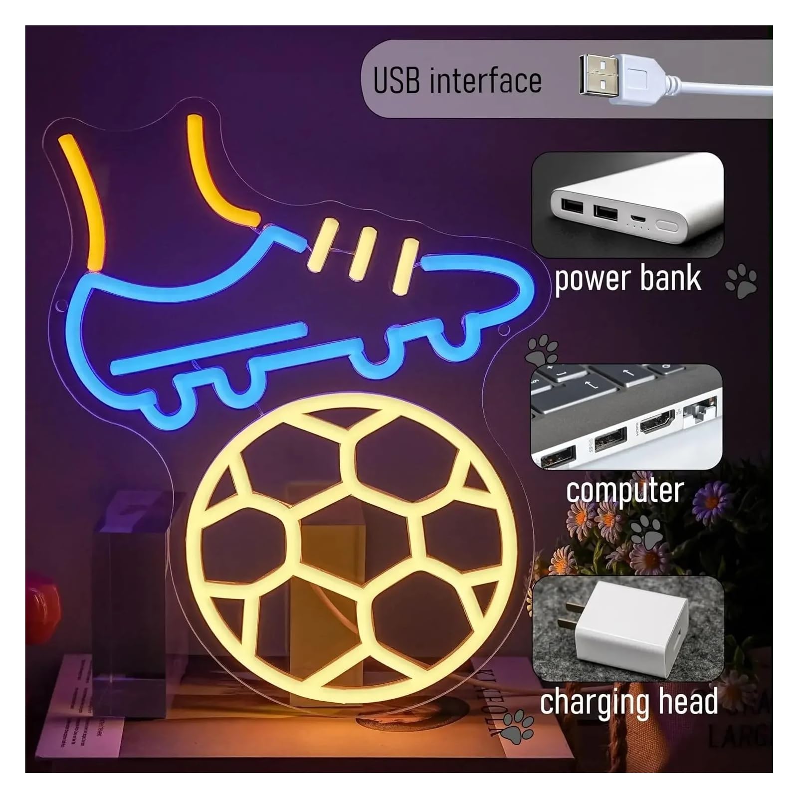 Arte Neón Moderno Letrero de neón deportivo fútbol, ​​luz LED con temática deportiva alimentada por USB para sala juegos, Bar, decoración dormitorio 32x26.5cm