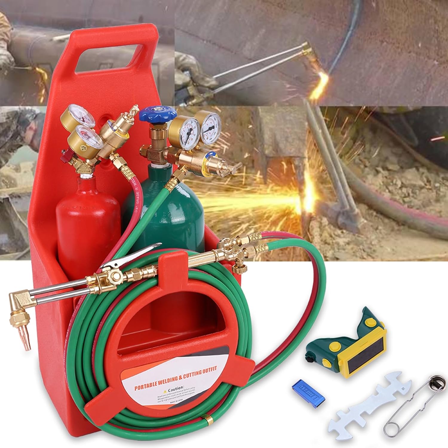 Oxygen Acetylene Torch Kit,Portable Welding Cutting Torch Kit with Long Pipe,Brass Nozzle, Gauge, 4L & 2L Acetylene Tank,Torch Cutting and Welding Kit for Iron or Steel Red