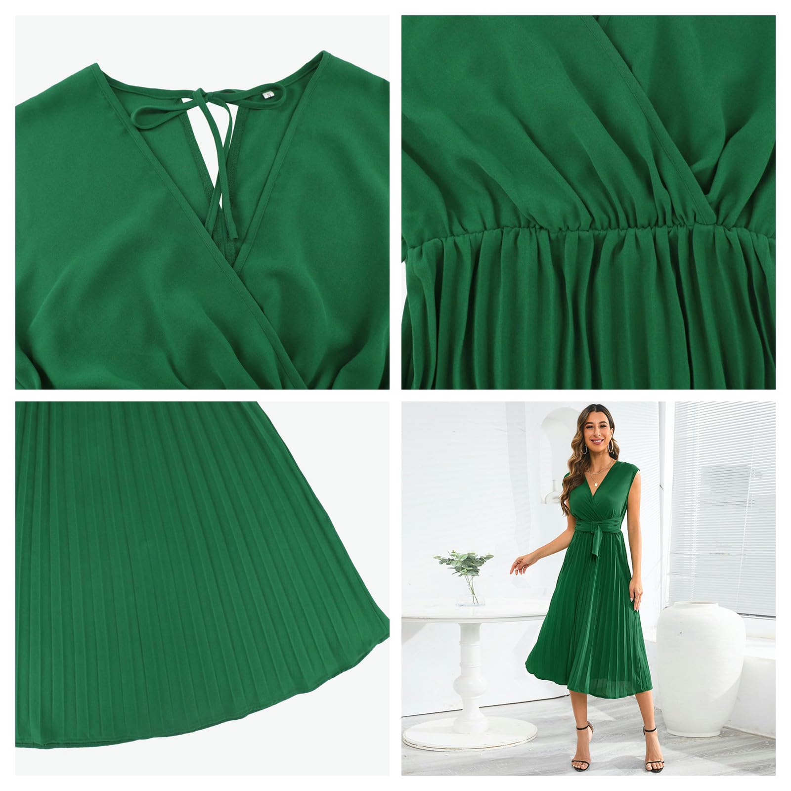 Abiti da Donna Abito Estivo Senza Maniche con Scollo A V E Cravatta, vestibilità Aderente, Gonna Midi Comoda E Plissettata, dalla S alla 2XL-b-m
