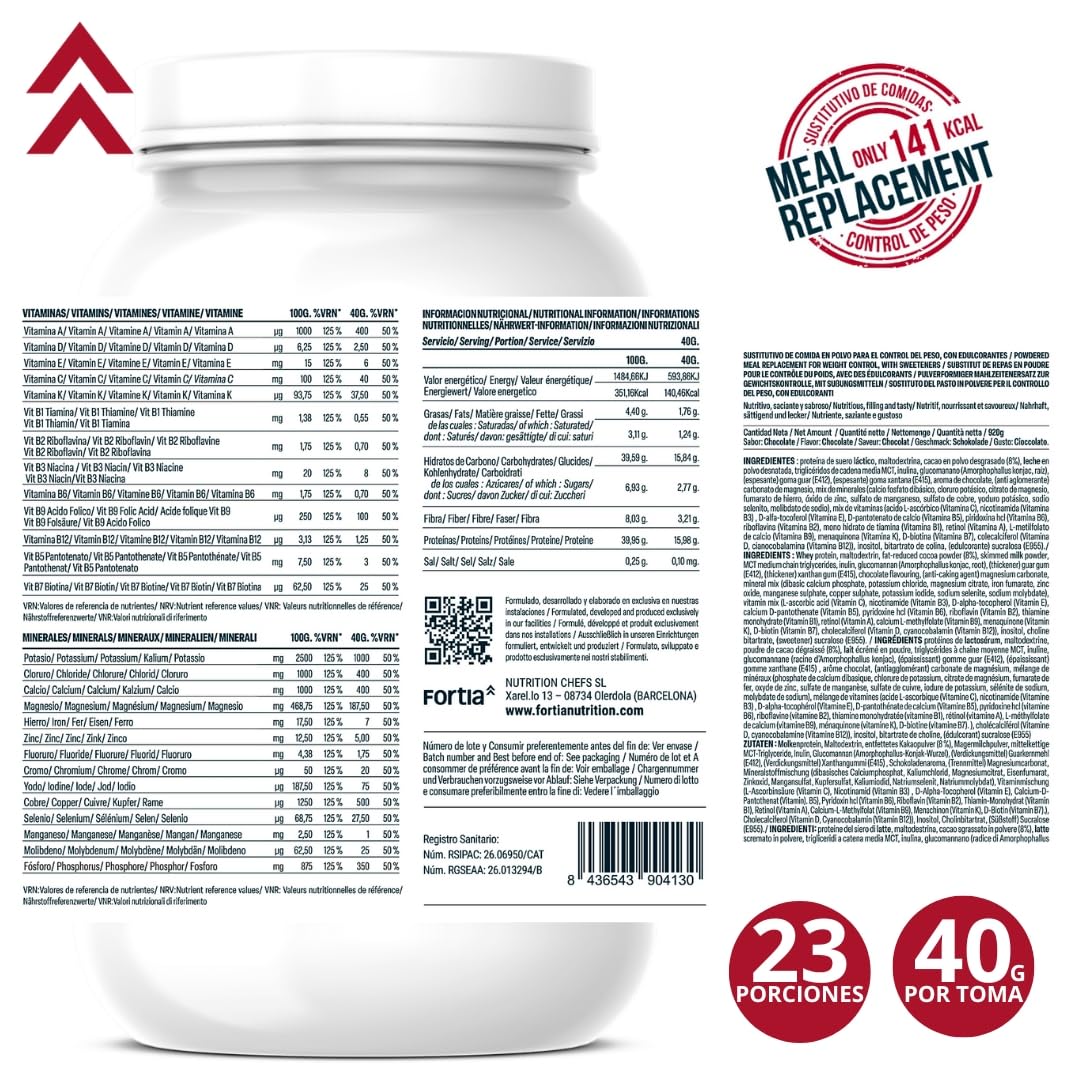 FORTIA Batidos Sustitutivos De Comida Alto En Proteínas Solo 140 Kcal | Batido Sustitutivo Adelgazar Alto En Vitaminas | Batido Saciante | Batido Sin Gluten 920 g Chocolate (920 g, chocolate)