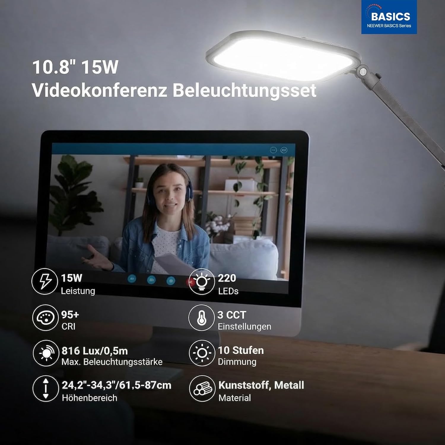 NEEWER Basics 10,8" Videokonferenz Licht mit Tischklemme, 15W, zweifarbig, randbeleuchtet, dimmbar, CRI95+ für Videoaufnahmen, Computer, Laptop, Zoom Anrufe, L220