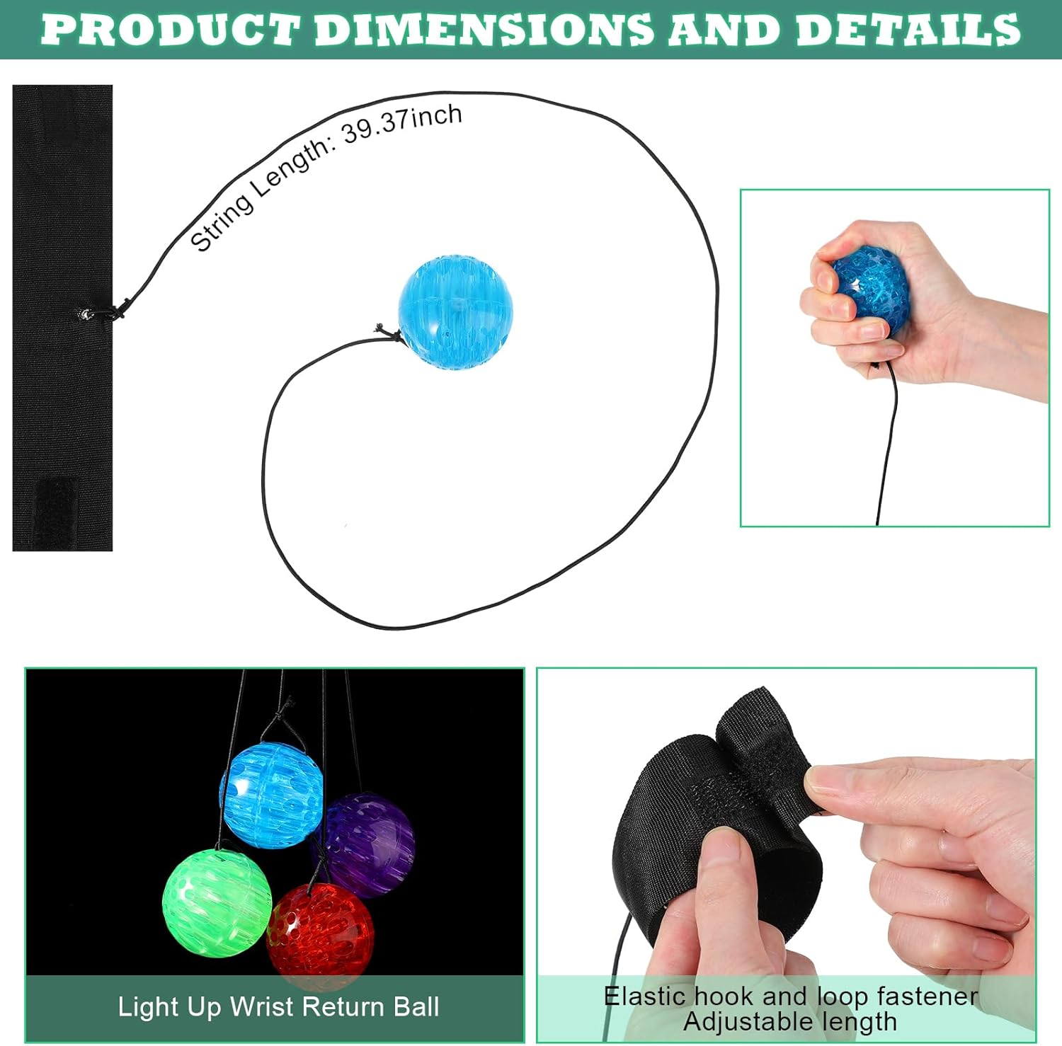 Jerify Wrist Balls on a String with Elastic String Return Ball Bulk Flashing Wristband Toys LED Birthday Party Favors for Birthday Halloween Christmas (24 Pieces)