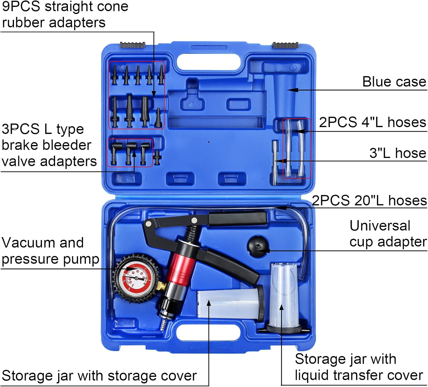 YSTOOL Hand Held Vacuum and Pressure Pump Brake Clutch Fluid Bleeder Tool Kit Oil Change Power Steering Fluid Bleeding Set with Pressure Gauge Jar Adapters for Auto Car Truck Motorcycle Use Blue Case