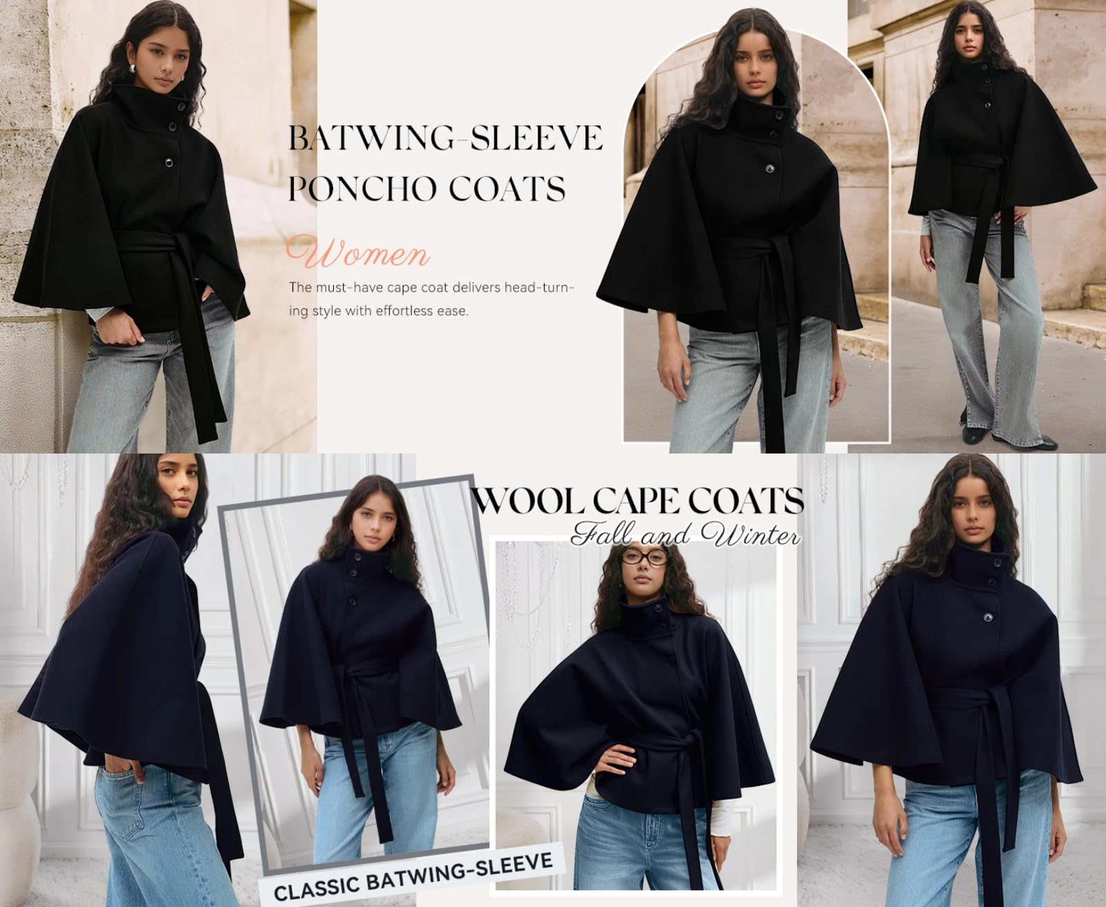 Generisch Poncho de lana con mangas de murciélago para mujer, con cinturón, cuello alto, chaqueta de capa corta