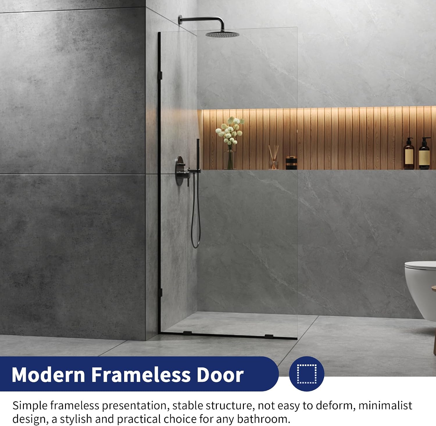 DeerValley 34"×74" Shower Glass Panel, 5/16'' (8mm) Thick Fixed Glass Shower Panel, Frameless Shower Screen for Walk in Shower, Tempered Glass Half Door with Stainless Steel Clamps (Black)
