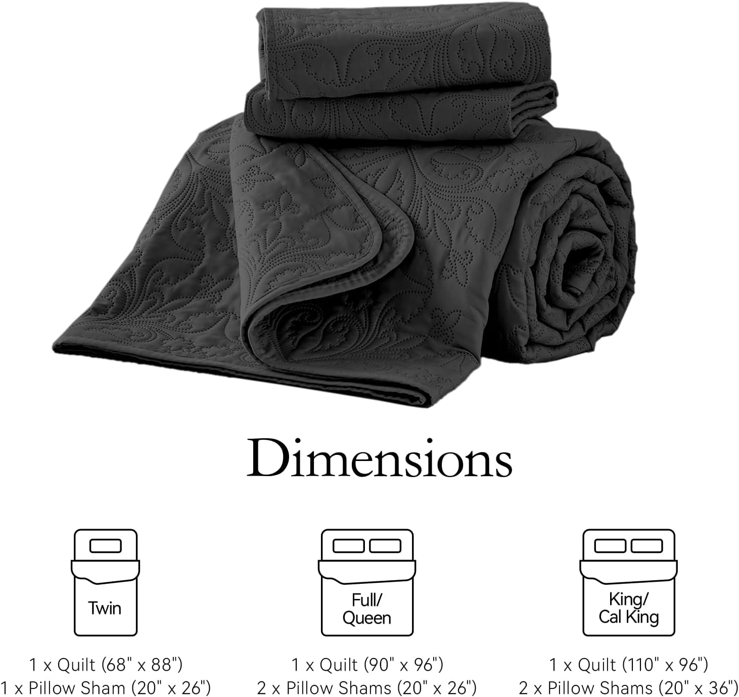 akkialla King/Cal King Quilt Bedding Set for All Seasons,Lightweight Black Bedspreads King Size,Modern Style Microfiber Soft Floral Pattern Coverlet Set(1 Quilt,2 Pillow Shams) - Image 8