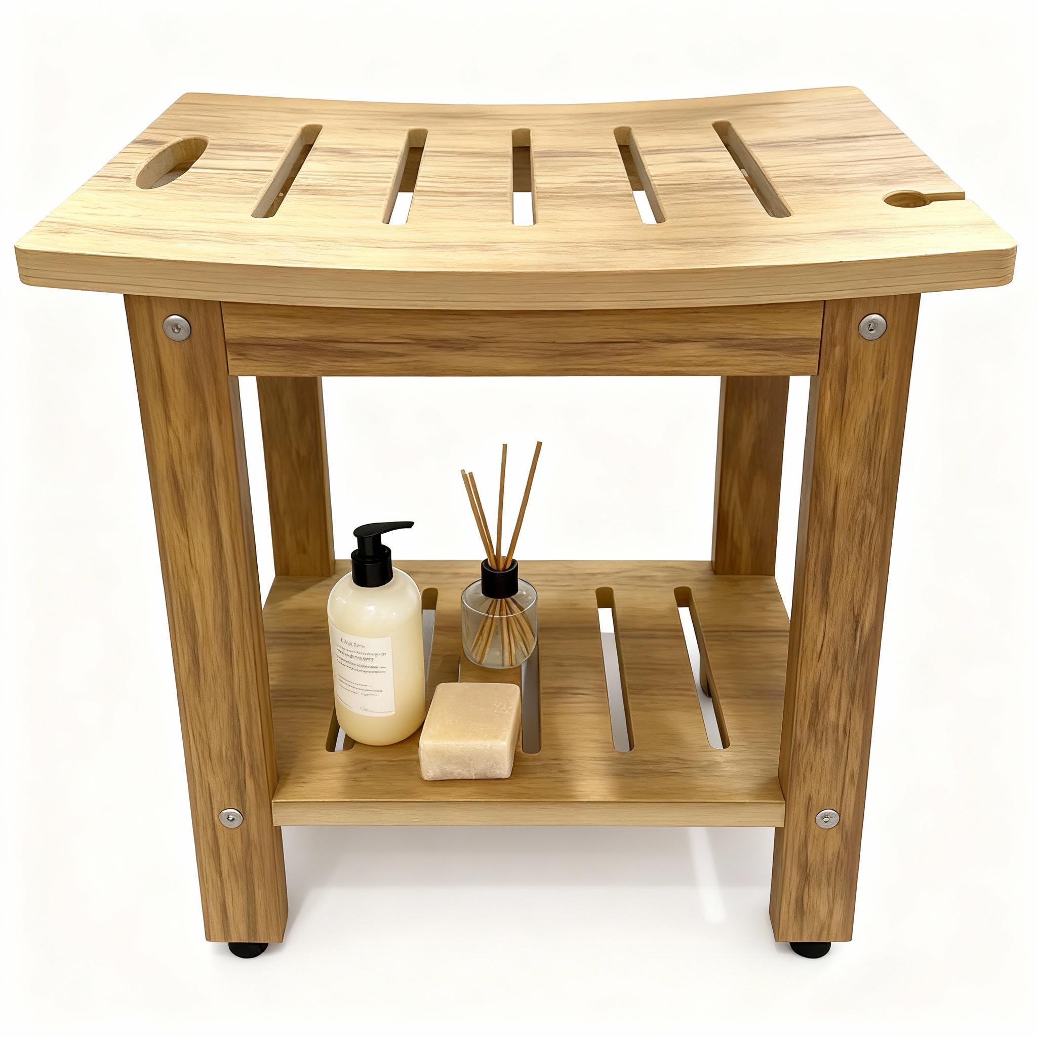 18.5" HDPE Shower Bench with Adjustable Feet &amp; Storage Shelf, Waterproof Non-Slip Shower Stool for Inside Shower, Heavy Duty 400 LBS Shower Chair Seat for Bathroom/Indoor/Outdoor Use, Teak