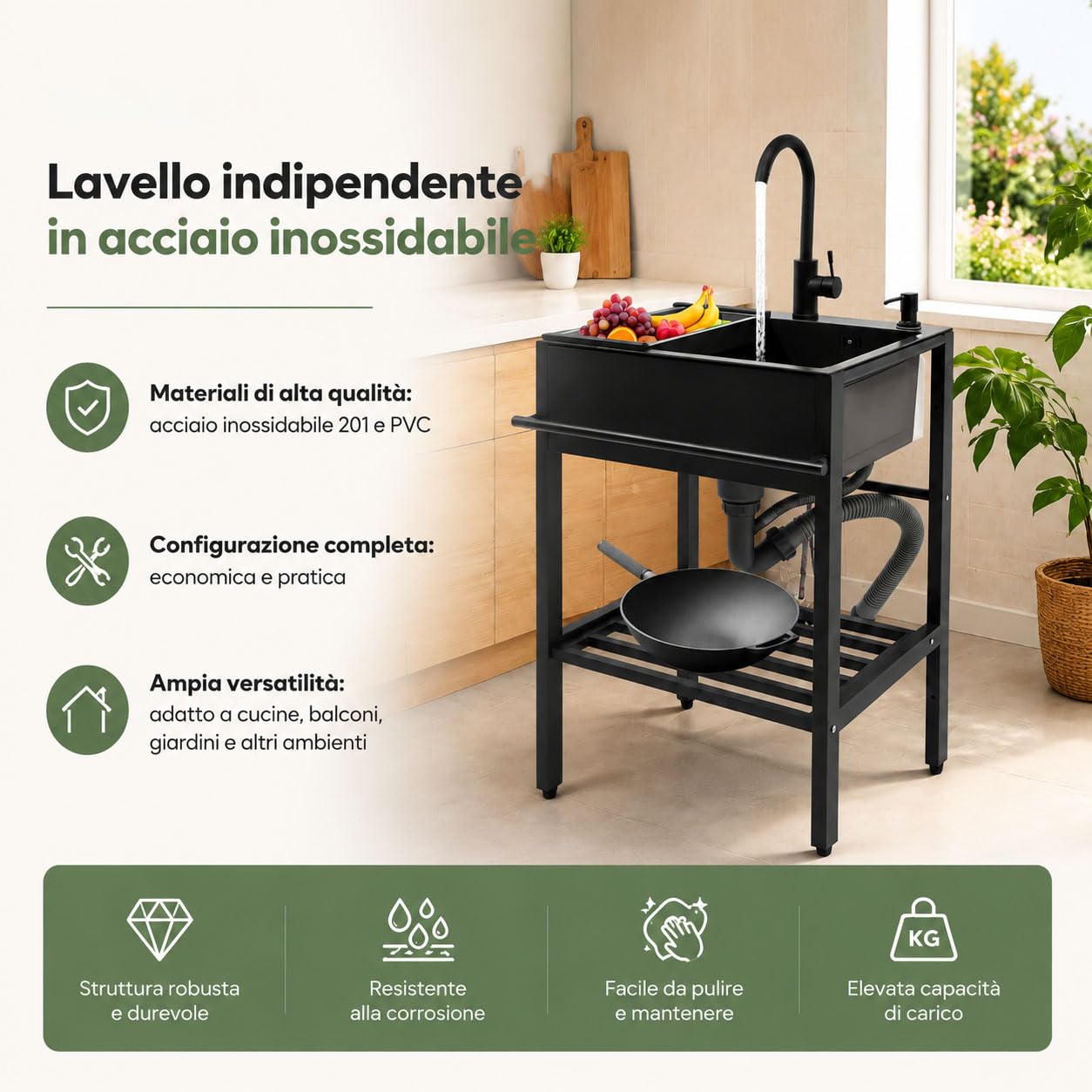 Lavello autoportante, in acciaio inox, nero, singolo, portatile, con rubinetto, cestello per sapone, per esterni, gastro, giardino, campeggio, 55 x 45 x 86 cm
