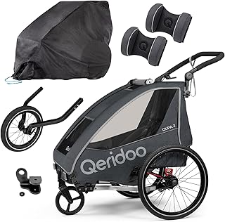 Qeridoo QUPA 2 Grey Comfort Sport Set | Fahrradanhänger 2 Kinder mit Joggerrad, Kupplung & Faltgarage | Kinderfahrradanhänger | Fahrrad Anhänger Kinder | Kinderanhänger Fahrrad | Jogger Kinderwagen