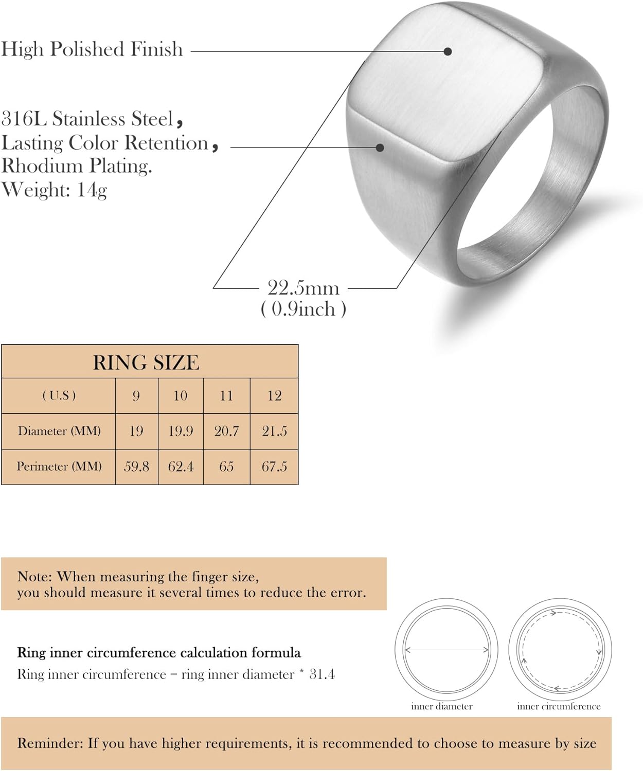 Stainless Steel Signet Ring - 316L Mens Finger Ring for Men Women - Rhodium Plated Cool Band Ring Jewelry for Father Husband Son Friend - Image 6