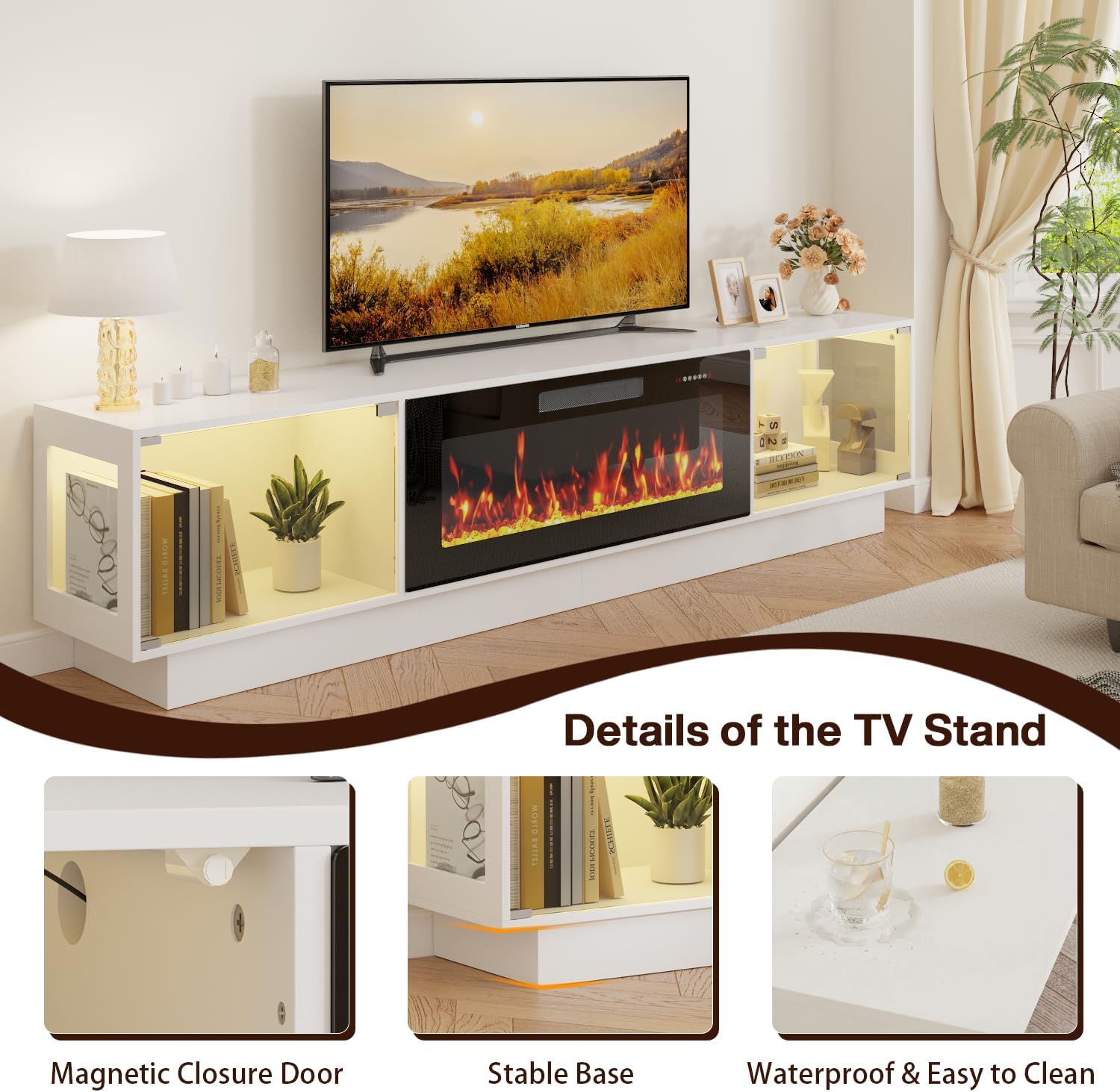 PRETZI 80 Inch Modern Fireplace TV Stand, Luxury TV Stand with 36" Fireplace for TVs Up to 90", Glossy Glass Doors Entertainment Center with Adjustable RGB LED Light for Living Room, White