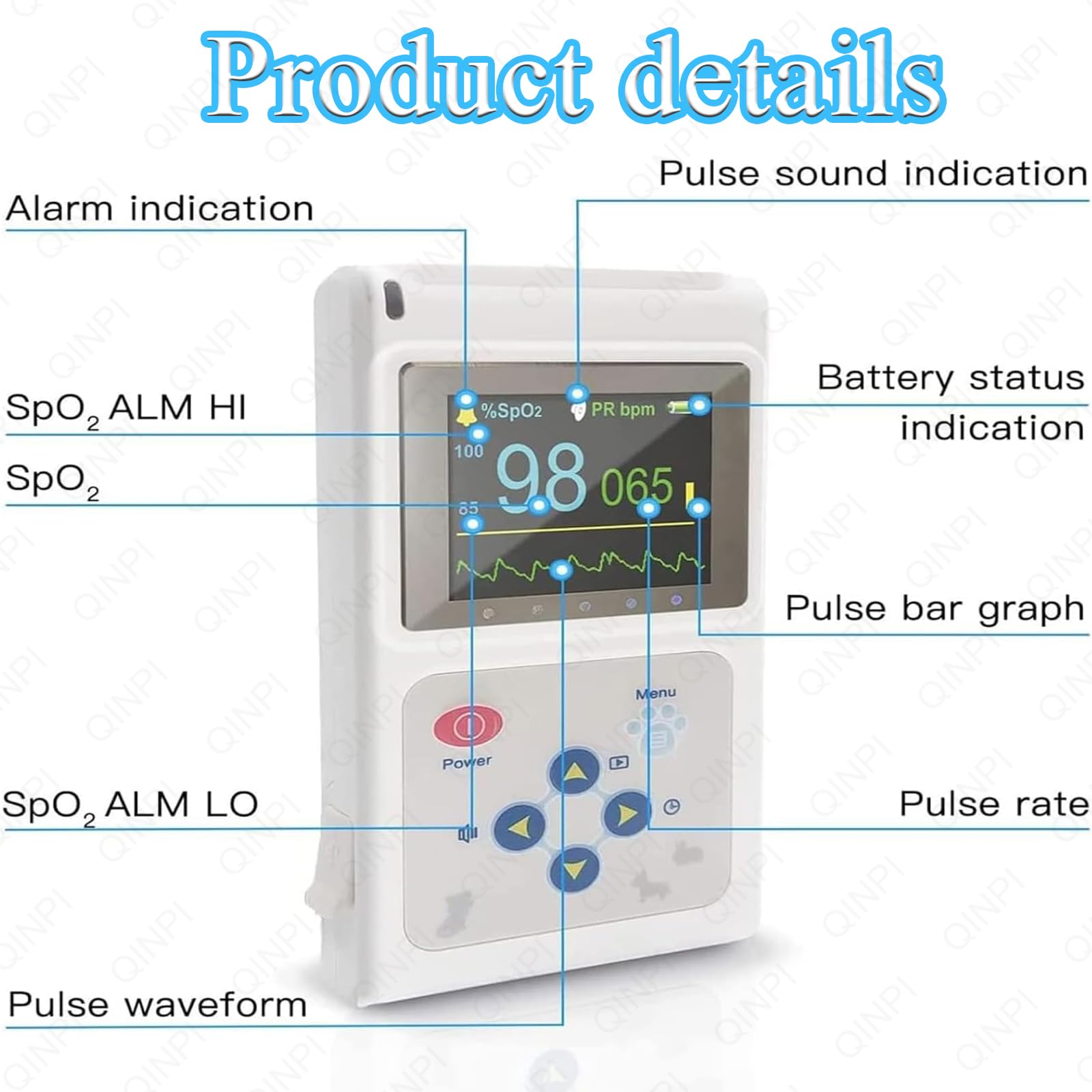 Pulsossimetro portatile per animali, sensore auricolare/linguetta, rilevamento della saturazione dell'ossigeno nel sangue/frequenza cardiaca, con sonda e cavo USB, luminosità dello schermo regolabile