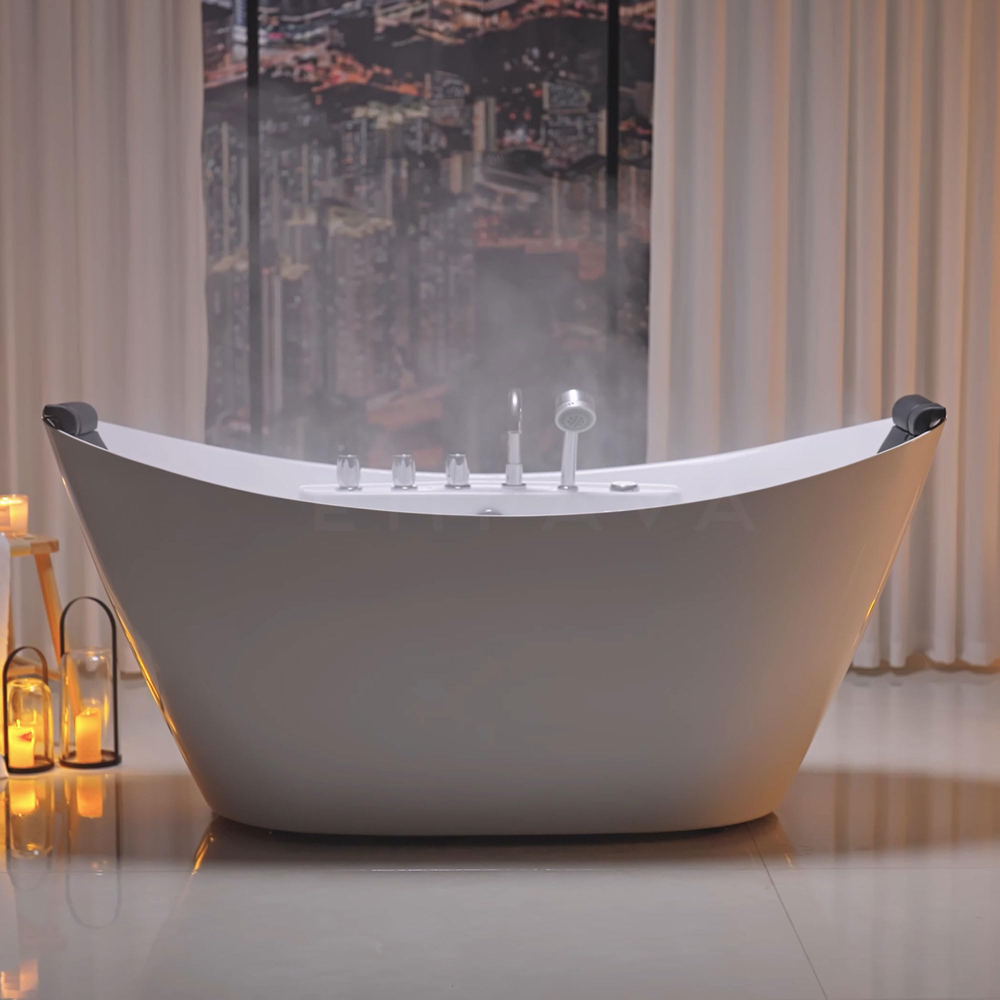 Empava 67" Freestanding Whirlpool Bathtub Oval with 8 Hydromassage Adjustable Water Jets Luxury Acrylic Massage SPA Soaking Bath Tub in White Double Ended