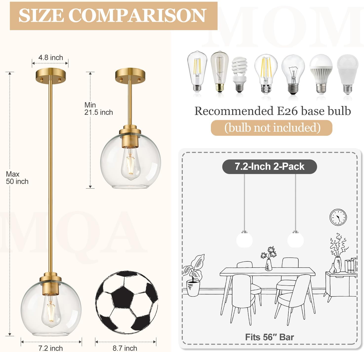 1 Pack 7.2-Inch Globe Pendant Lights, Mid Century Gold Pendant Light Fixtures, Globe Pendant Lights Kitchen Island with Milk Glass Shade Adjustable Hanging Fixture for Dining Room (Bulbs not Included)