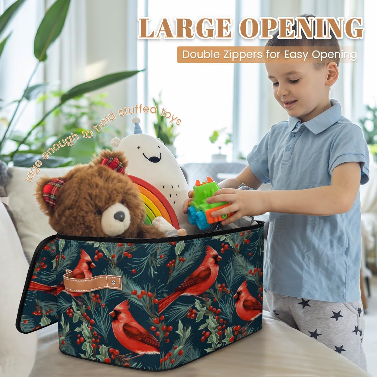 Storage Bin Set of 2 Cardinal Birds Leaf Storage Basket with Zipper Lid & Handle Foldable Closet Shelf 2 Pack Cloth Organizer Basket Cube Bins Clothes Organizer for Bedroom, Nursery