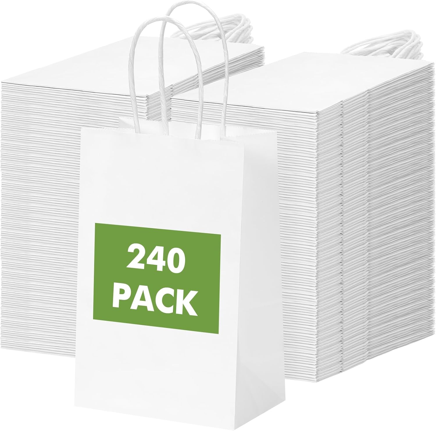 OUTUXED 240pcs White Paper Bags with Handles, 5.25x3.2x8 Inches Small White Gift Bags Bulk for Valentines, Christmas, Shopping, Birthday, Wedding and Business Party